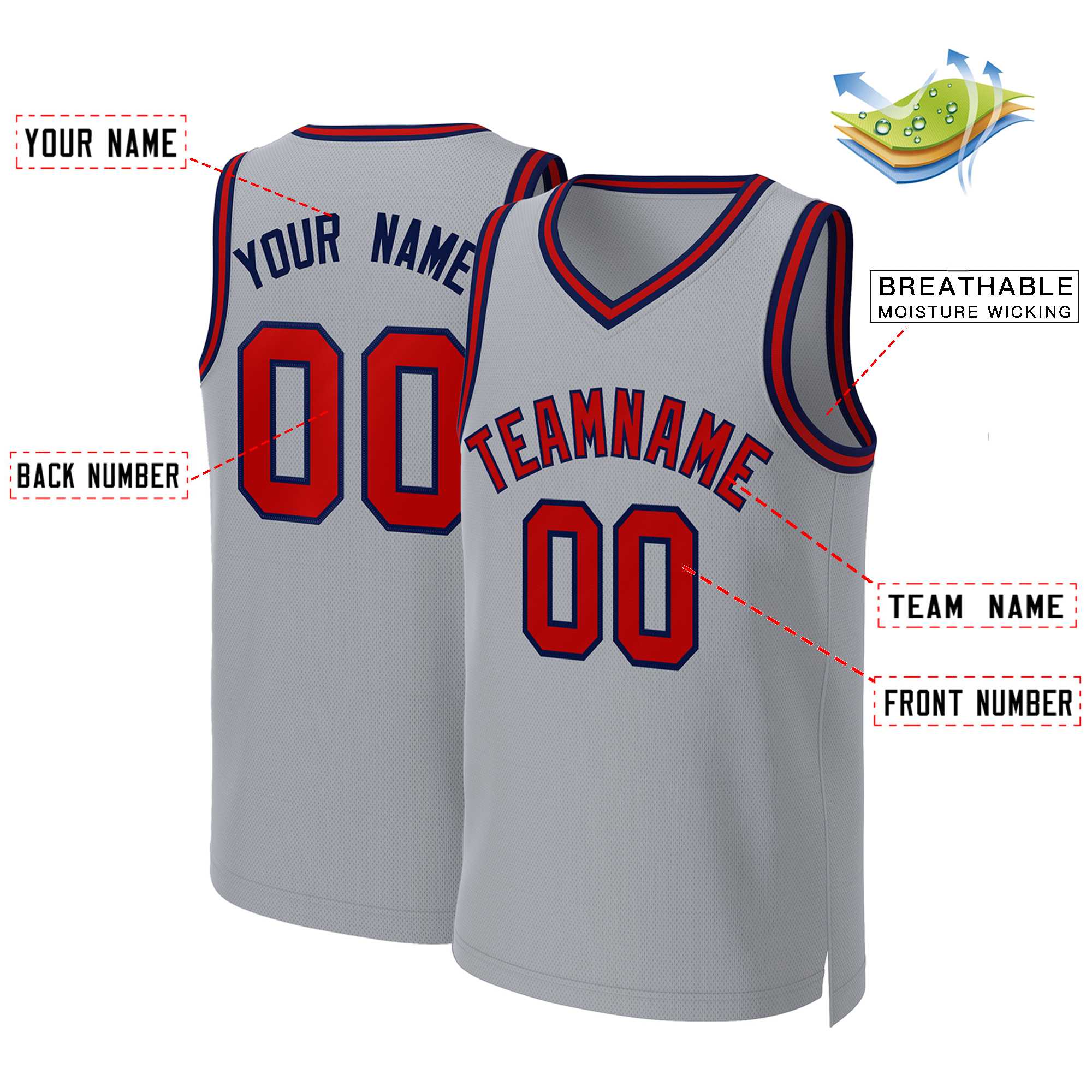 Custom Gray Red-Navy Classic Tops Basketball Jersey - Image 2