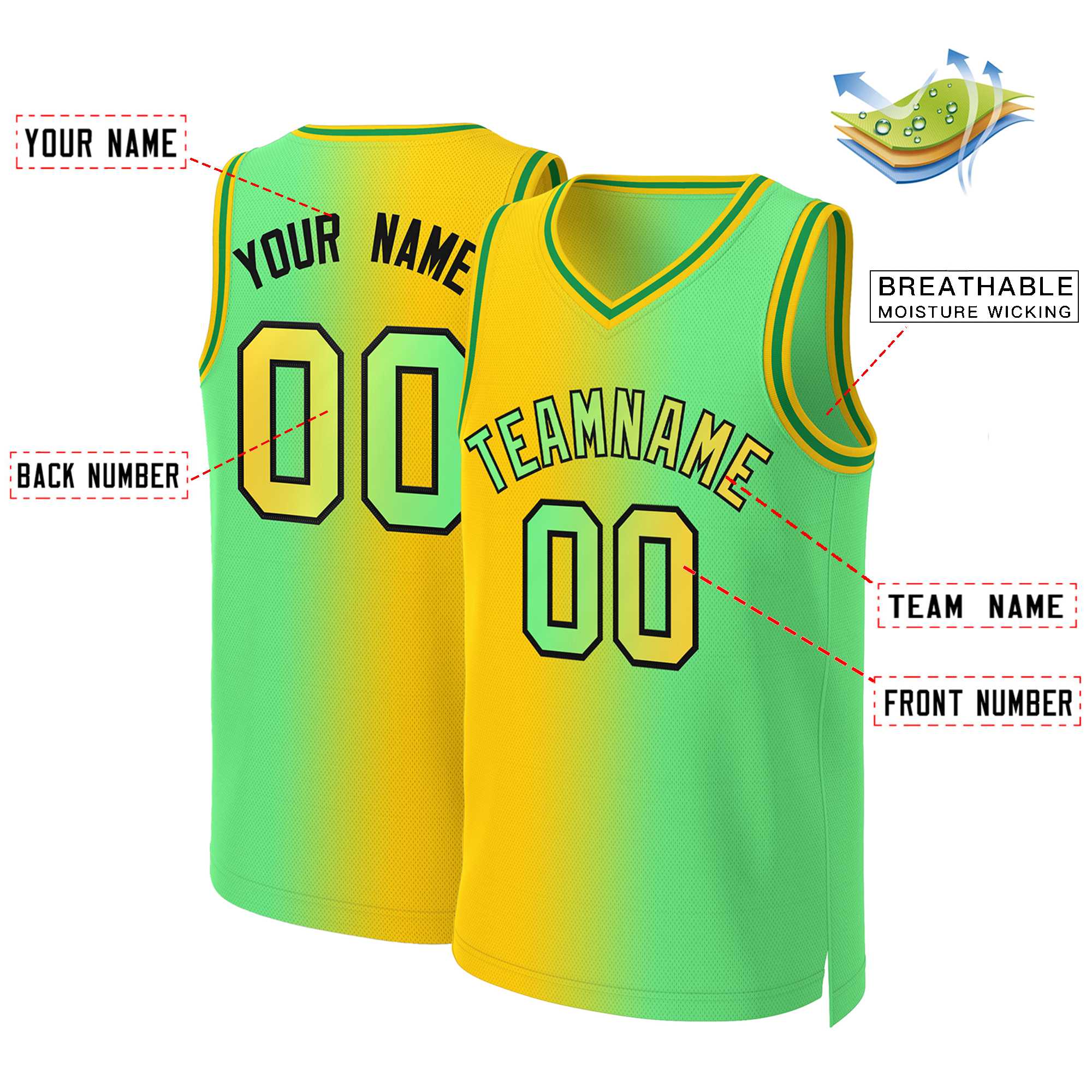 Custom Yellow Neon Green-Black Gradient Fashion Tops Basketball Jersey - Image 2