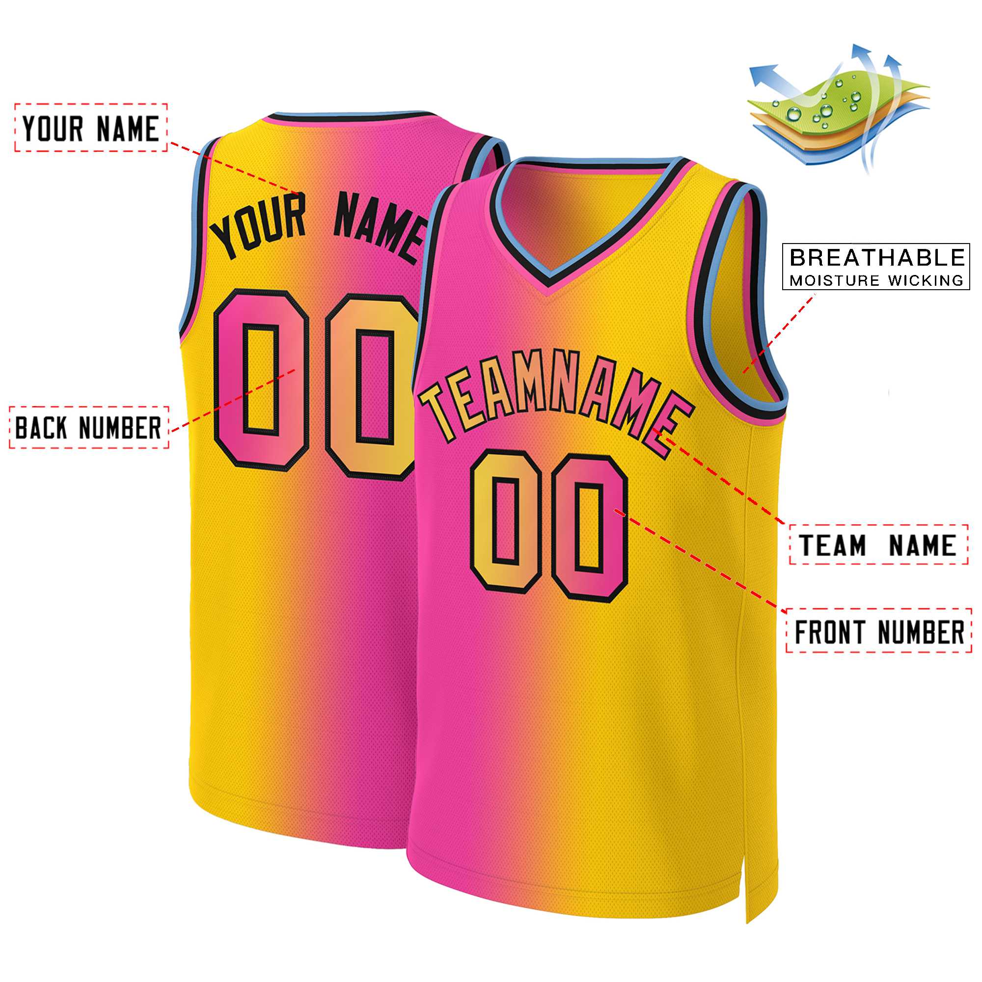 Custom Pink Yellow-Black Gradient Fashion Tops Basketball Jersey - Image 2