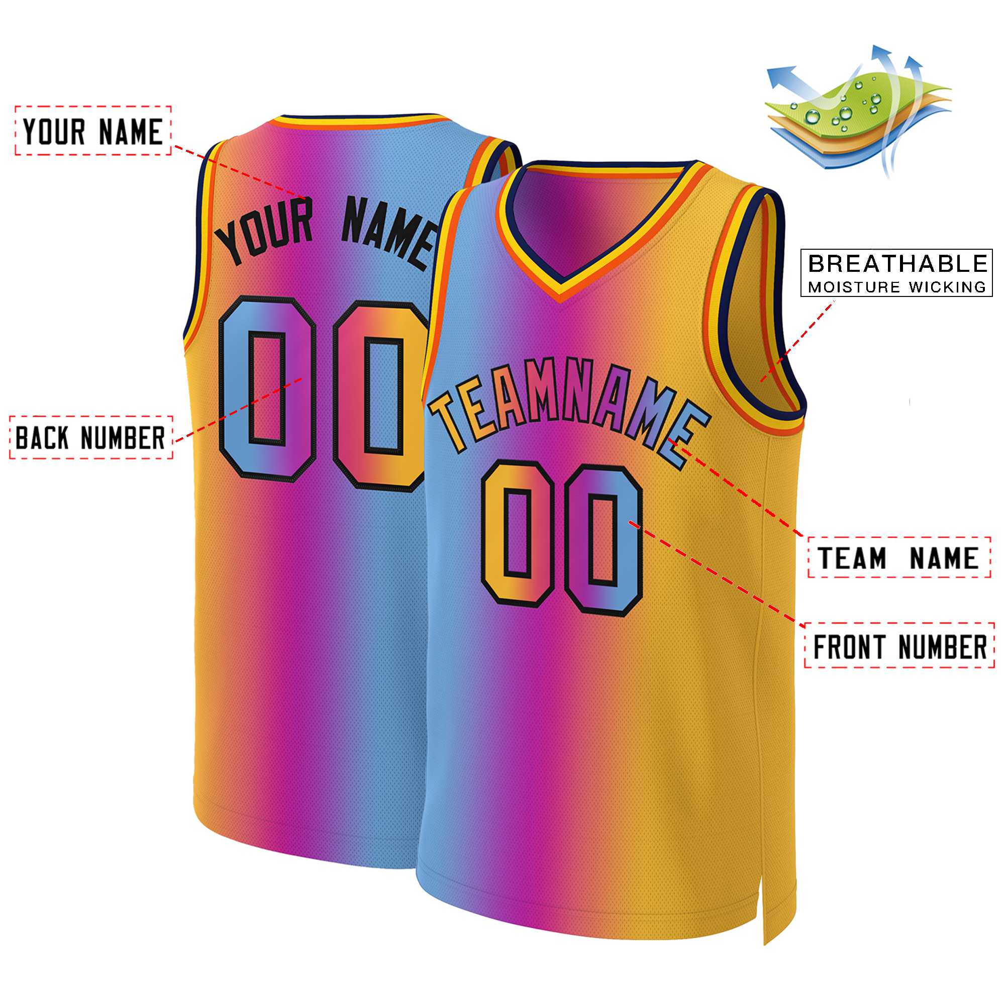 Custom Pink Yellow-Black Gradient Fashion Tops Basketball Jersey - Image 2
