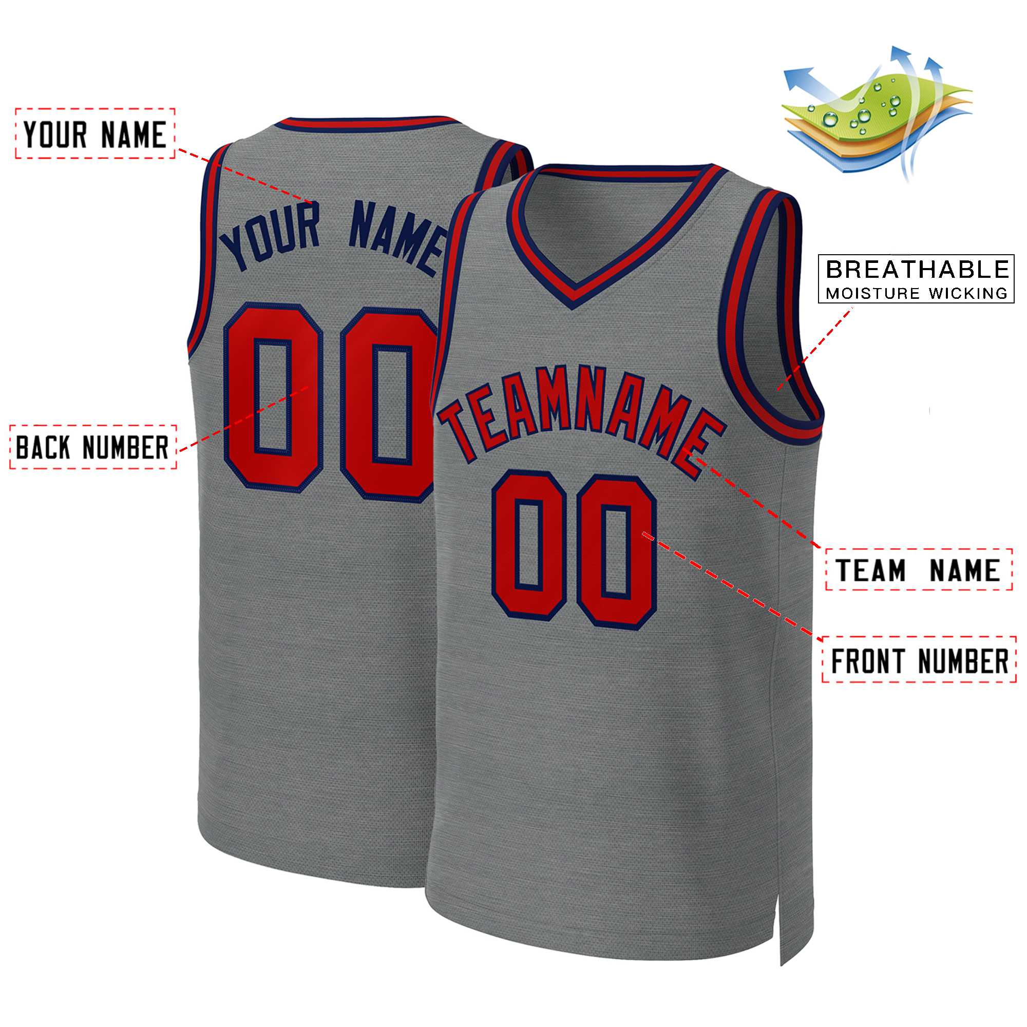 Custom Dark Gray Red-Navy Classic Tops Basketball Jersey - Image 2