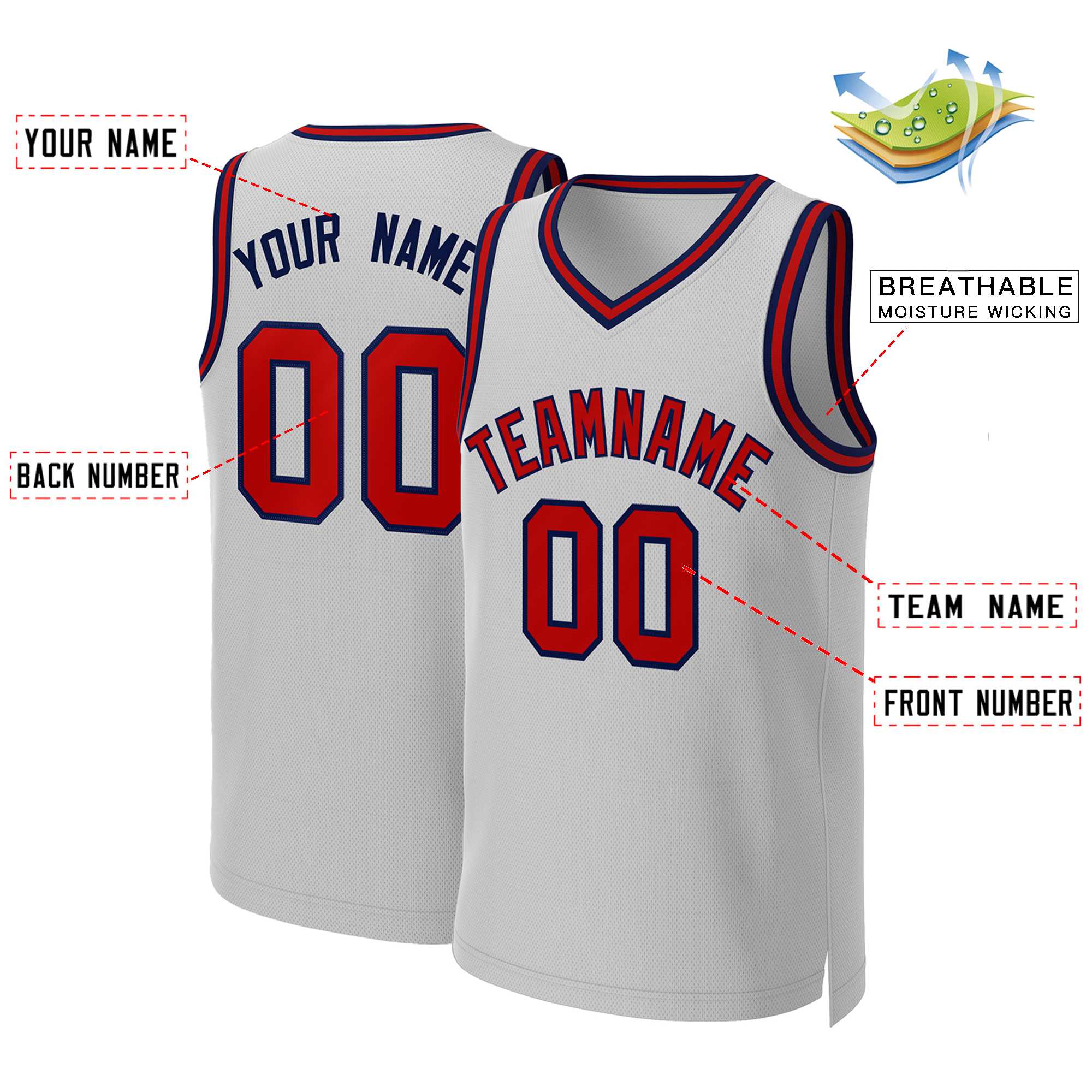 Custom Gray Red-Navy Classic Tops Basketball Jersey - Image 2