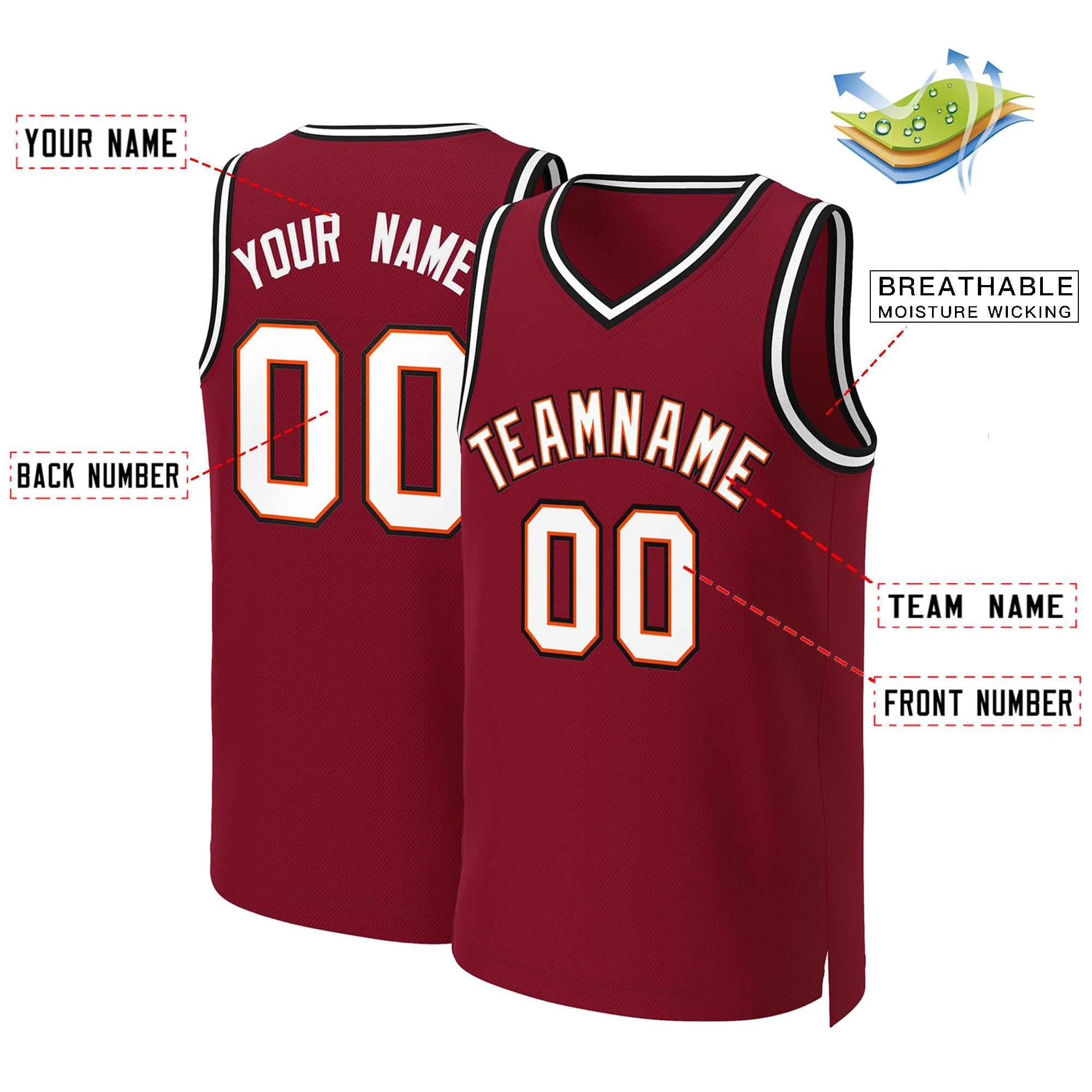 Custom Maroon White-Orange Classic Tops Basketball Jersey - Image 2