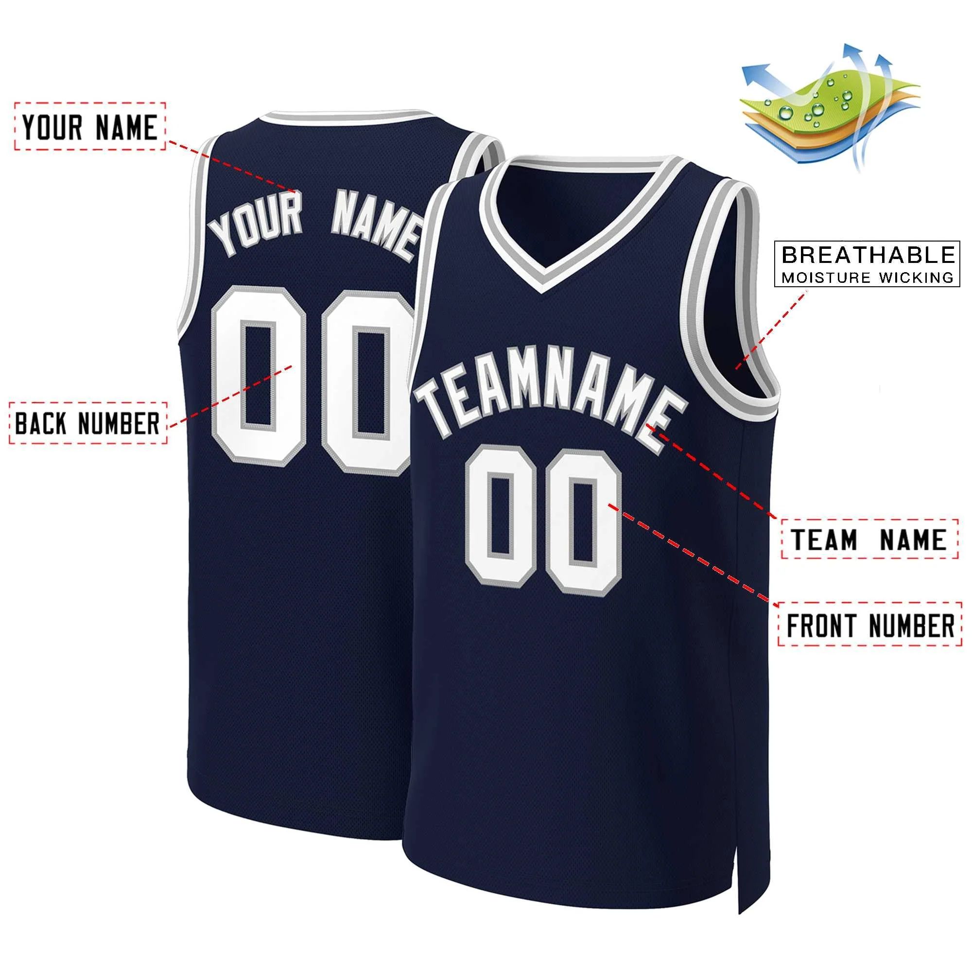 Custom Navy White-Gray Classic Tops Basketball Jersey - Image 2