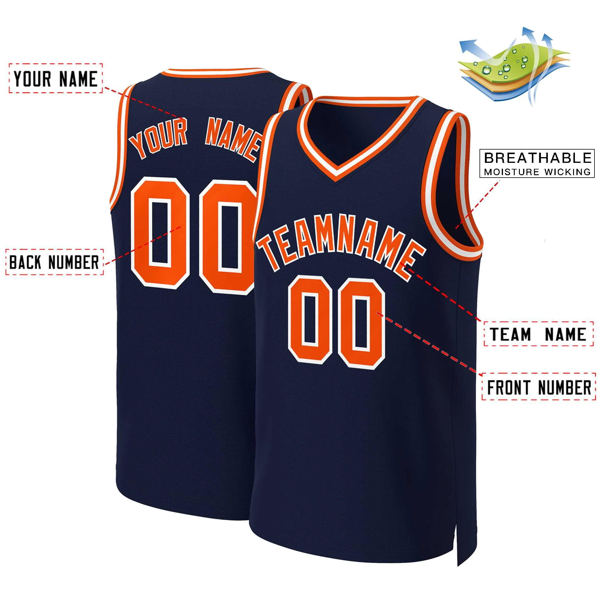 Custom Navy Orange-White Classic Tops Basketball Jersey - Image 2