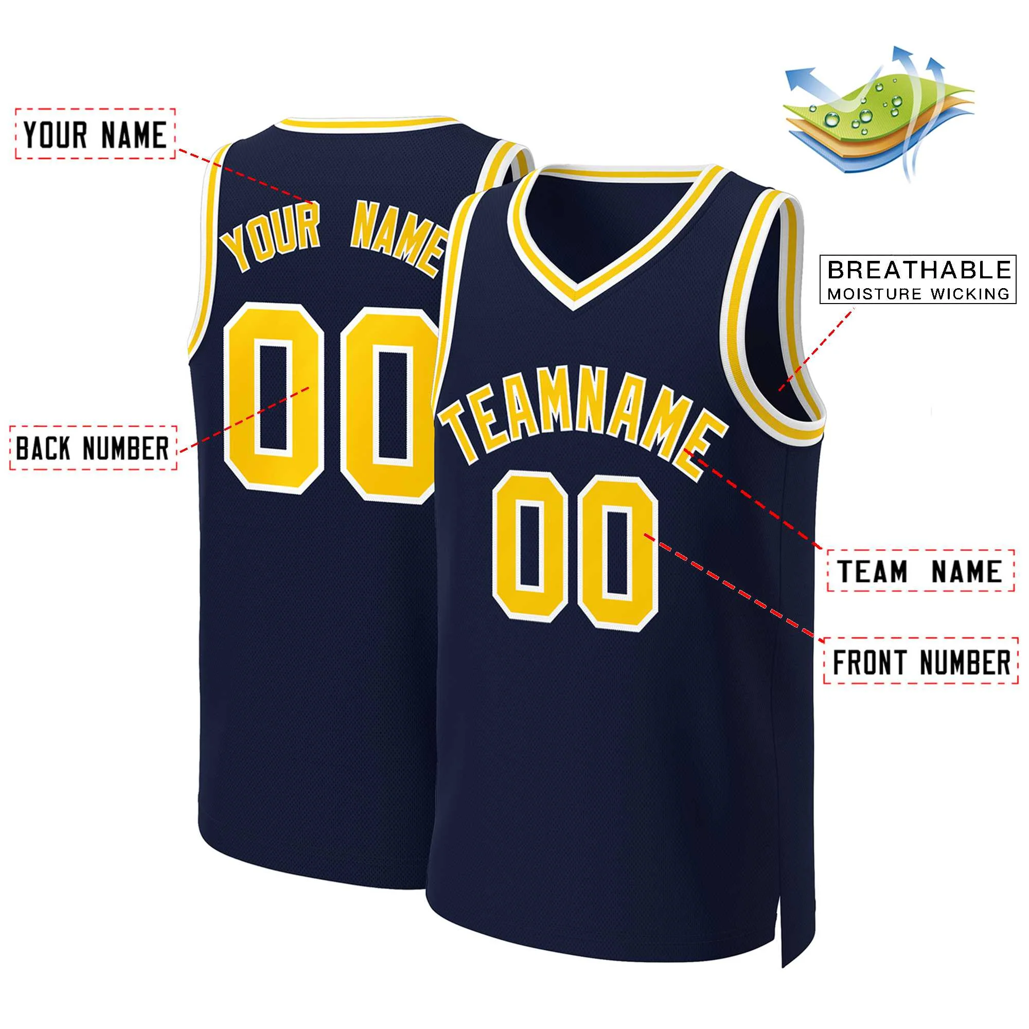 Custom Navy Yellow-White Classic Tops Basketball Jersey - Image 2