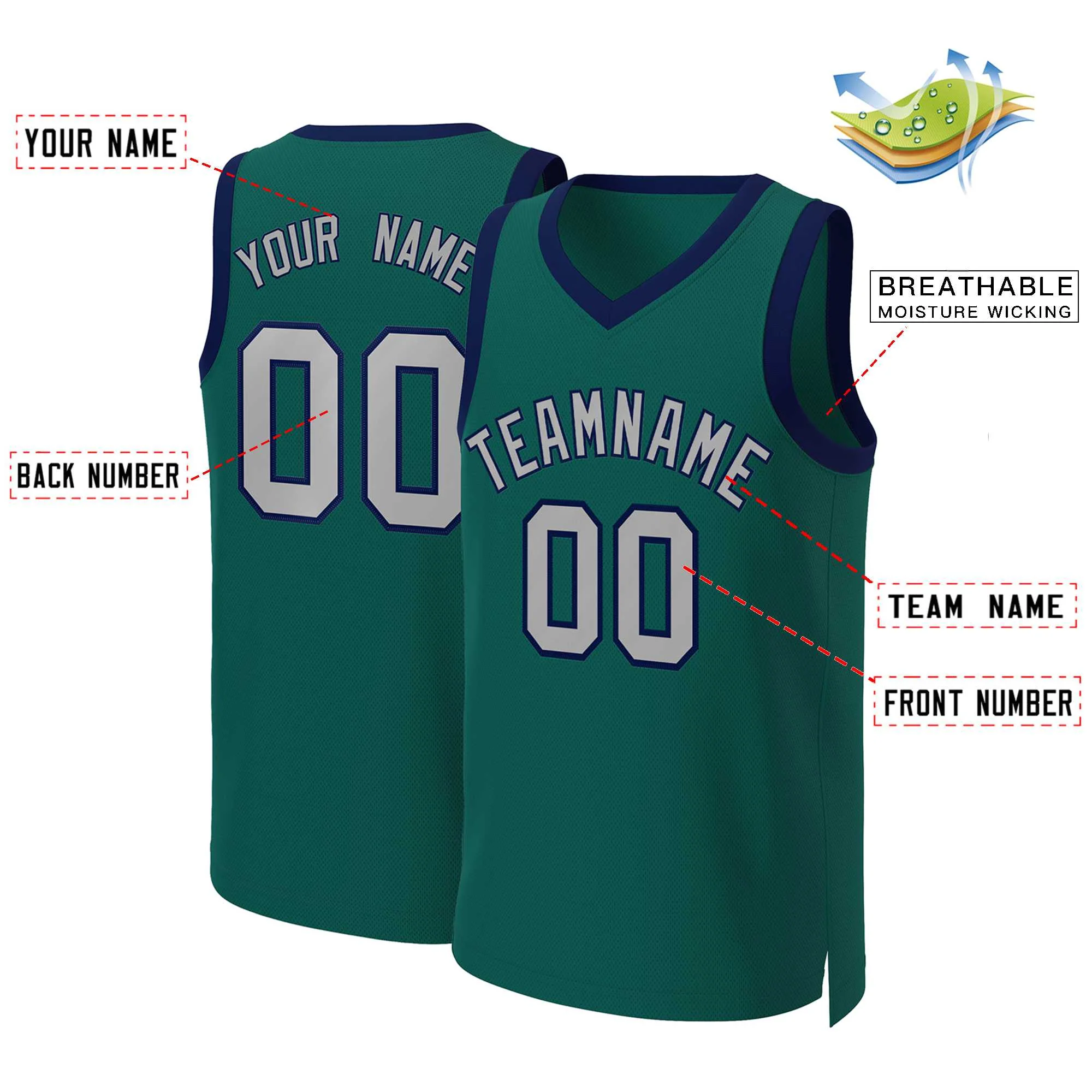 Custom Aqua Gray-Navy Classic Tops Basketball Jersey - Image 2