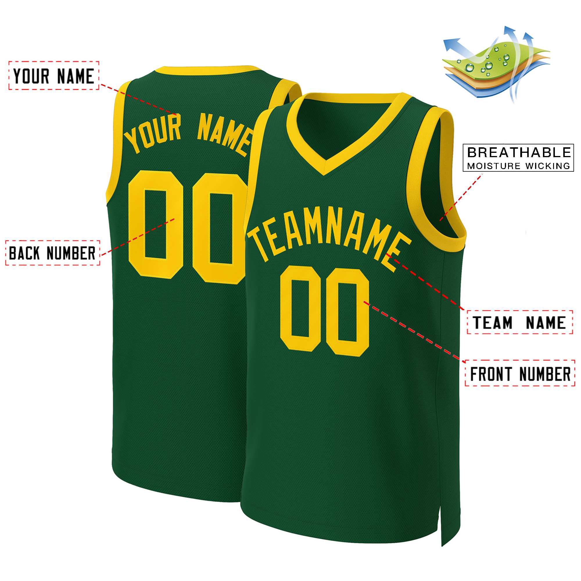 Custom Green Gold Classic Tops Basketball Jersey - Image 2