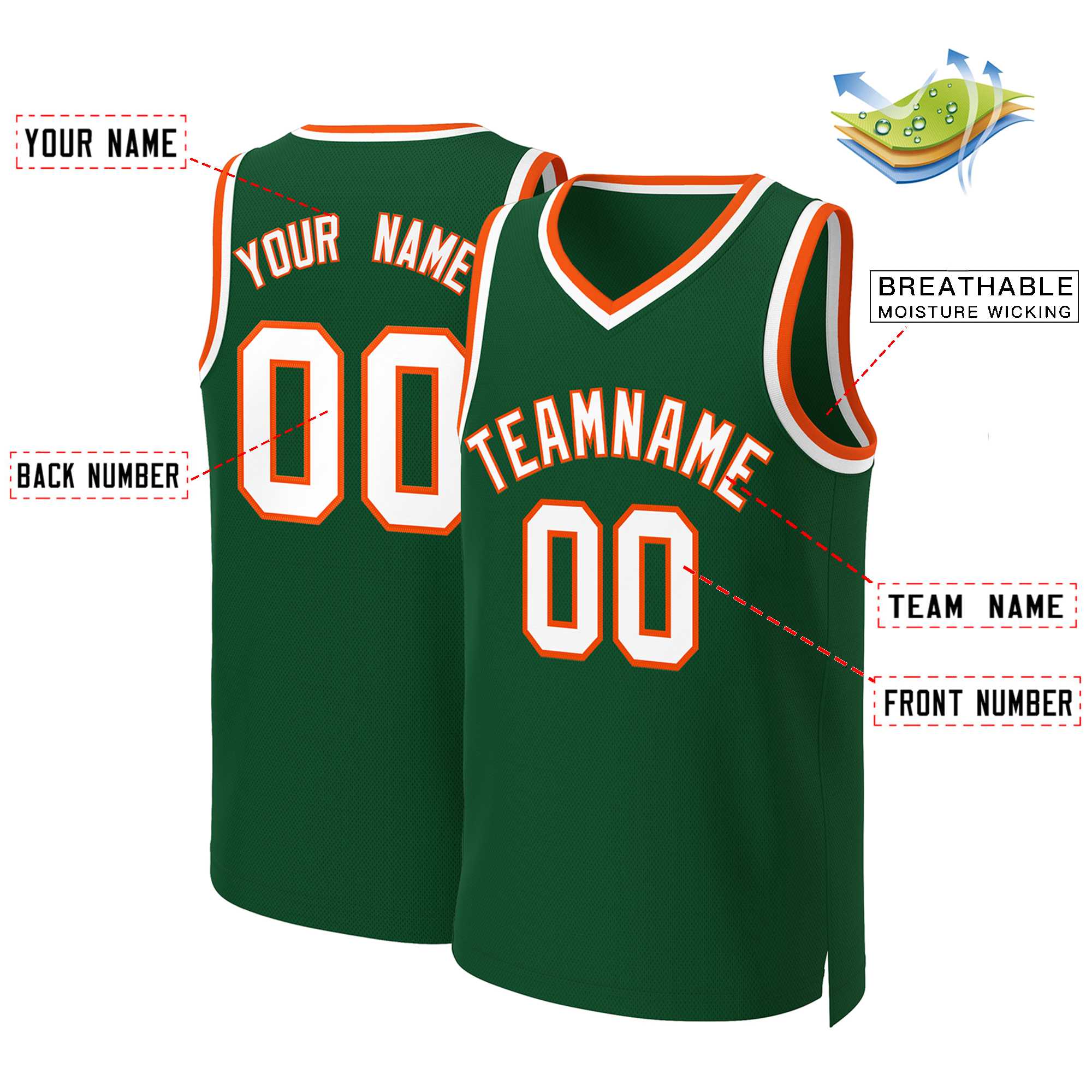 Custom Green White-Orange Classic Tops Basketball Jersey - Image 2