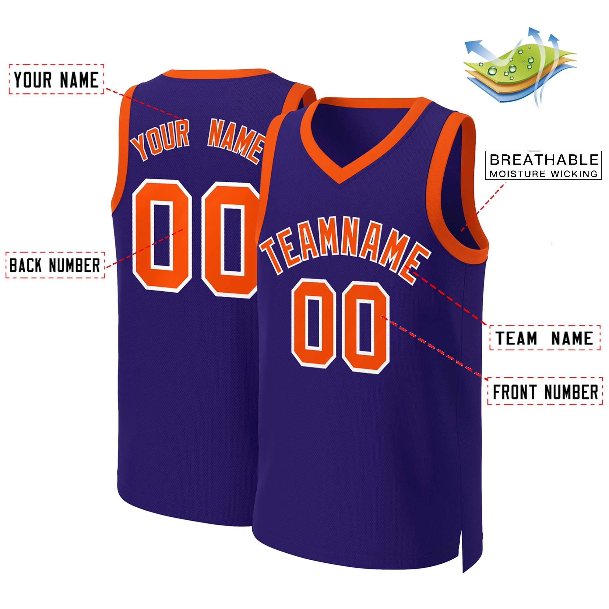 Custom Purple Orange-White Classic Tops Basketball Jersey - Image 2