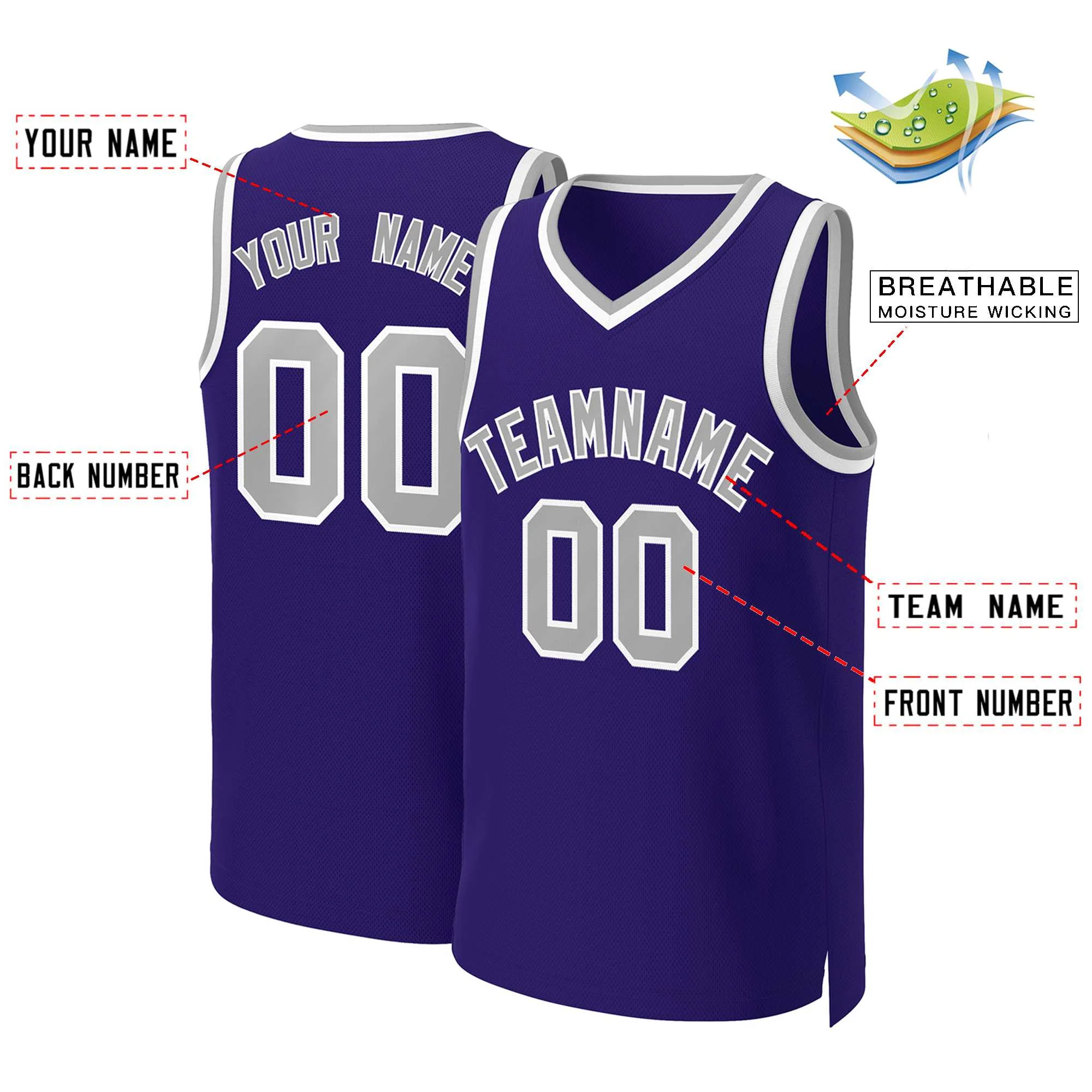 Custom Purple Gray-White Classic Tops Basketball Jersey - Image 2