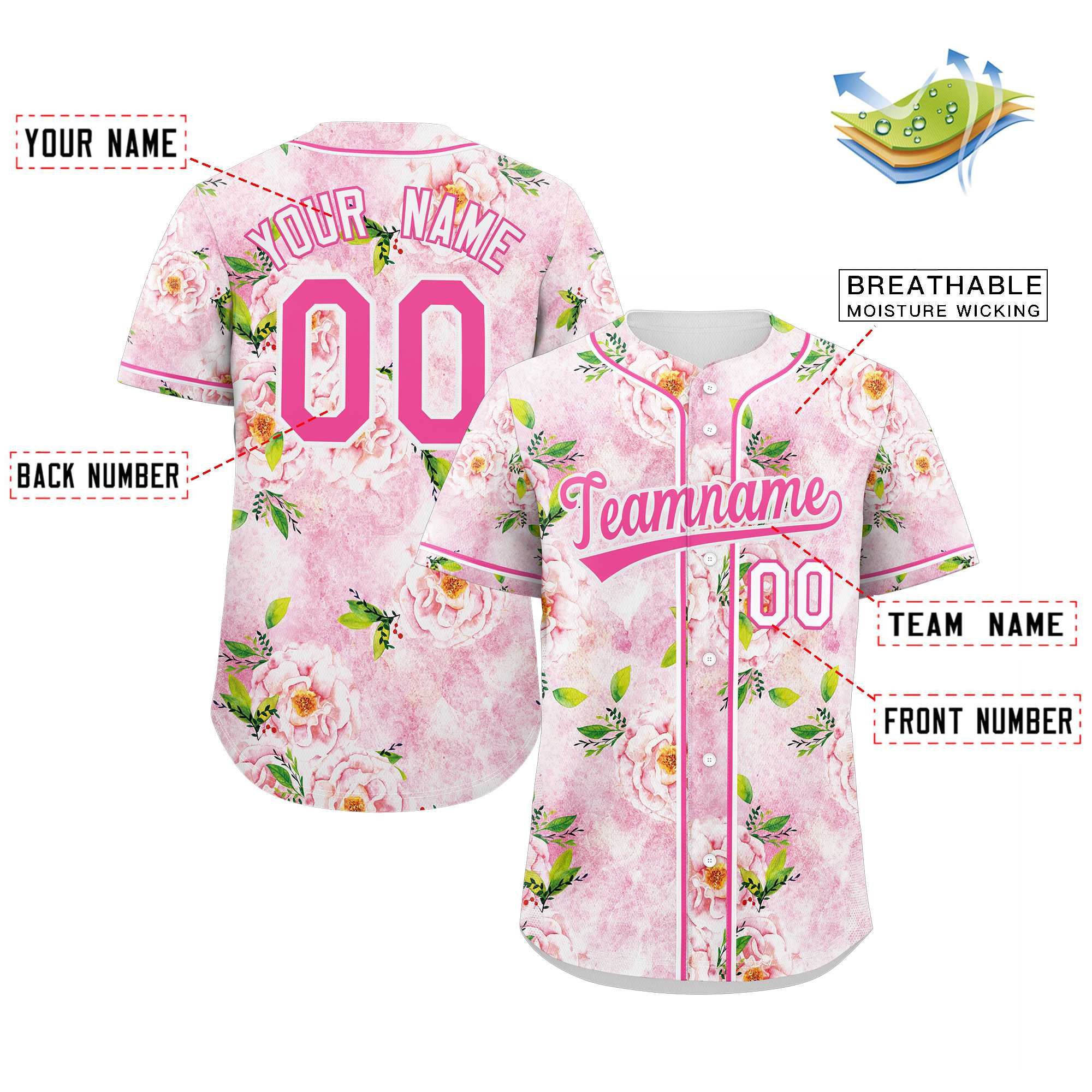 Custom Pink Pink-White Graffiti Pattern Authentic Flower Baseball Jersey - Image 2