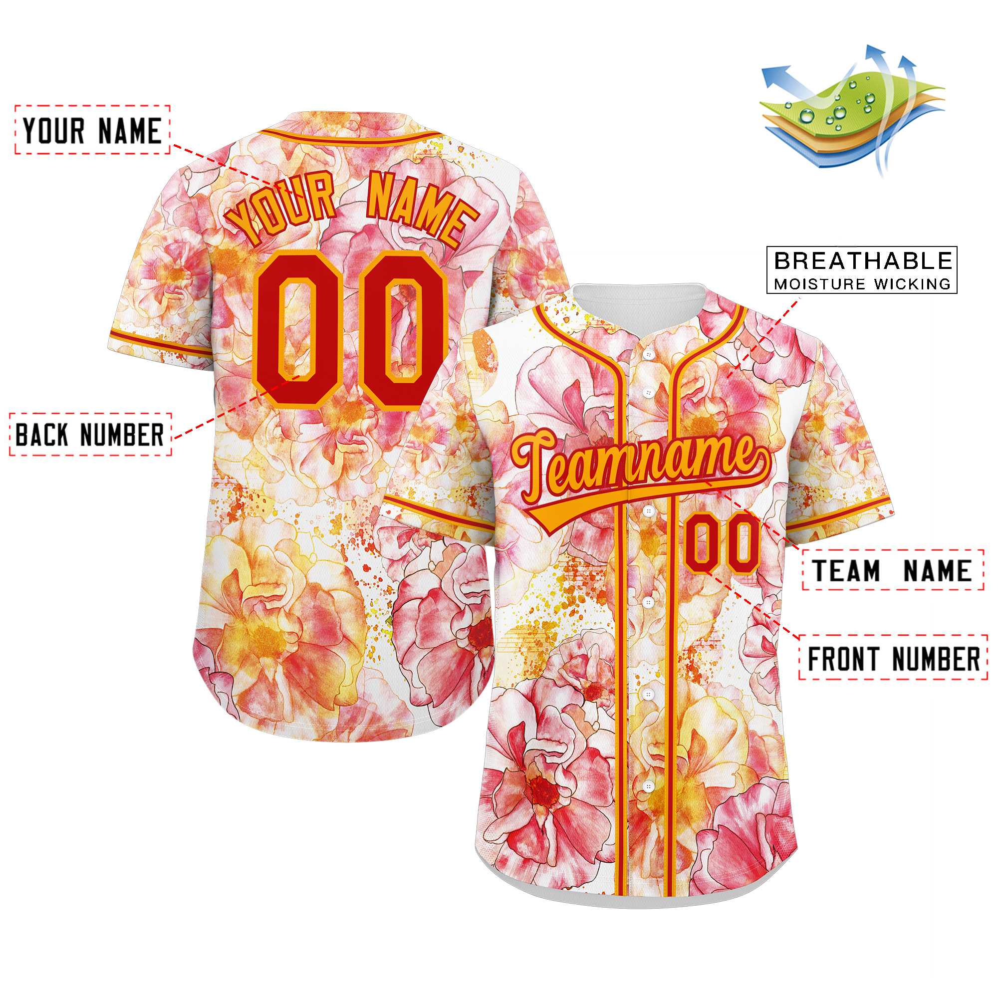 Custom Red Yellow-Red Graffiti Pattern Authentic Flower Baseball Jersey - Image 2