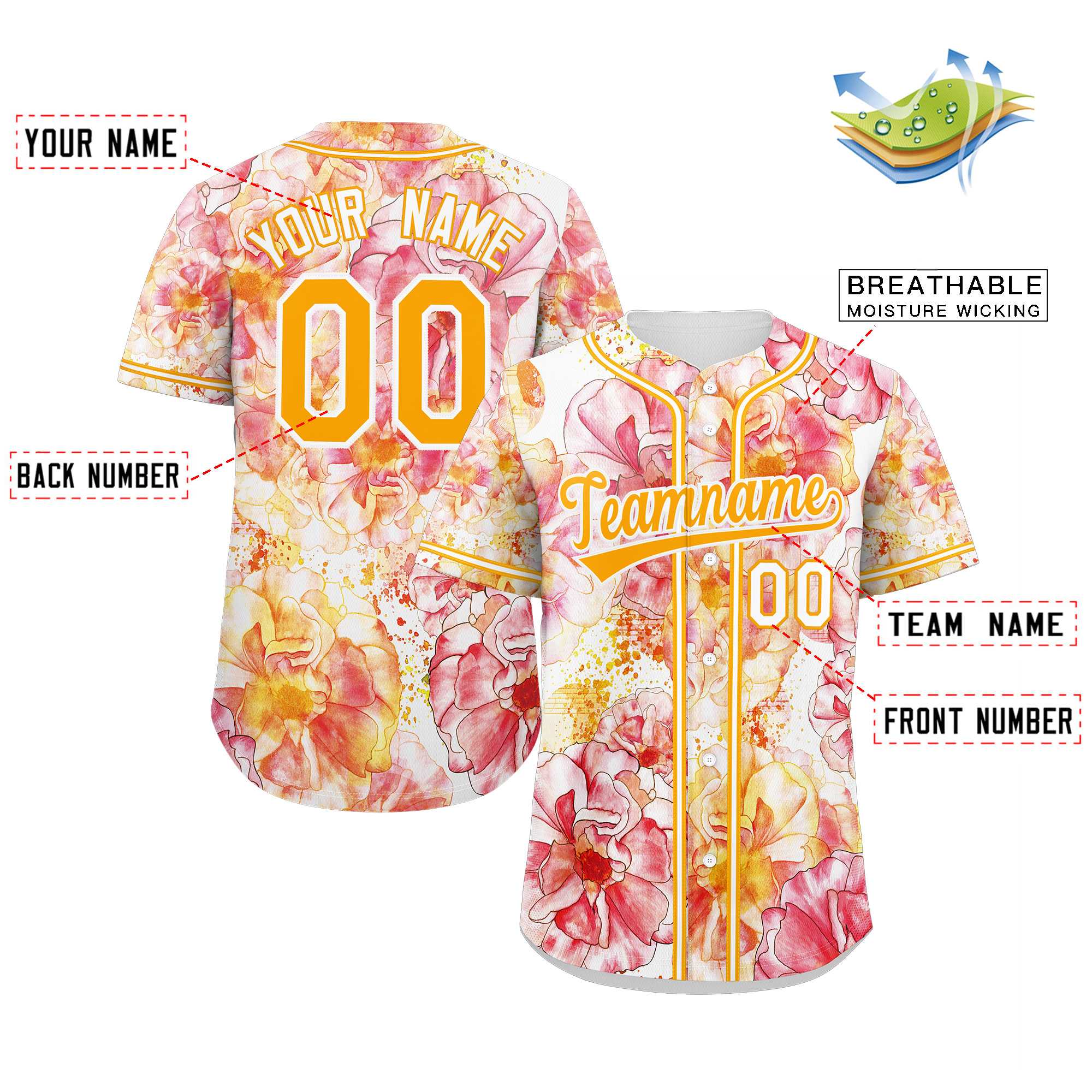 Custom Red Yellow-White Graffiti Pattern Authentic Flower Baseball Jersey - Image 2