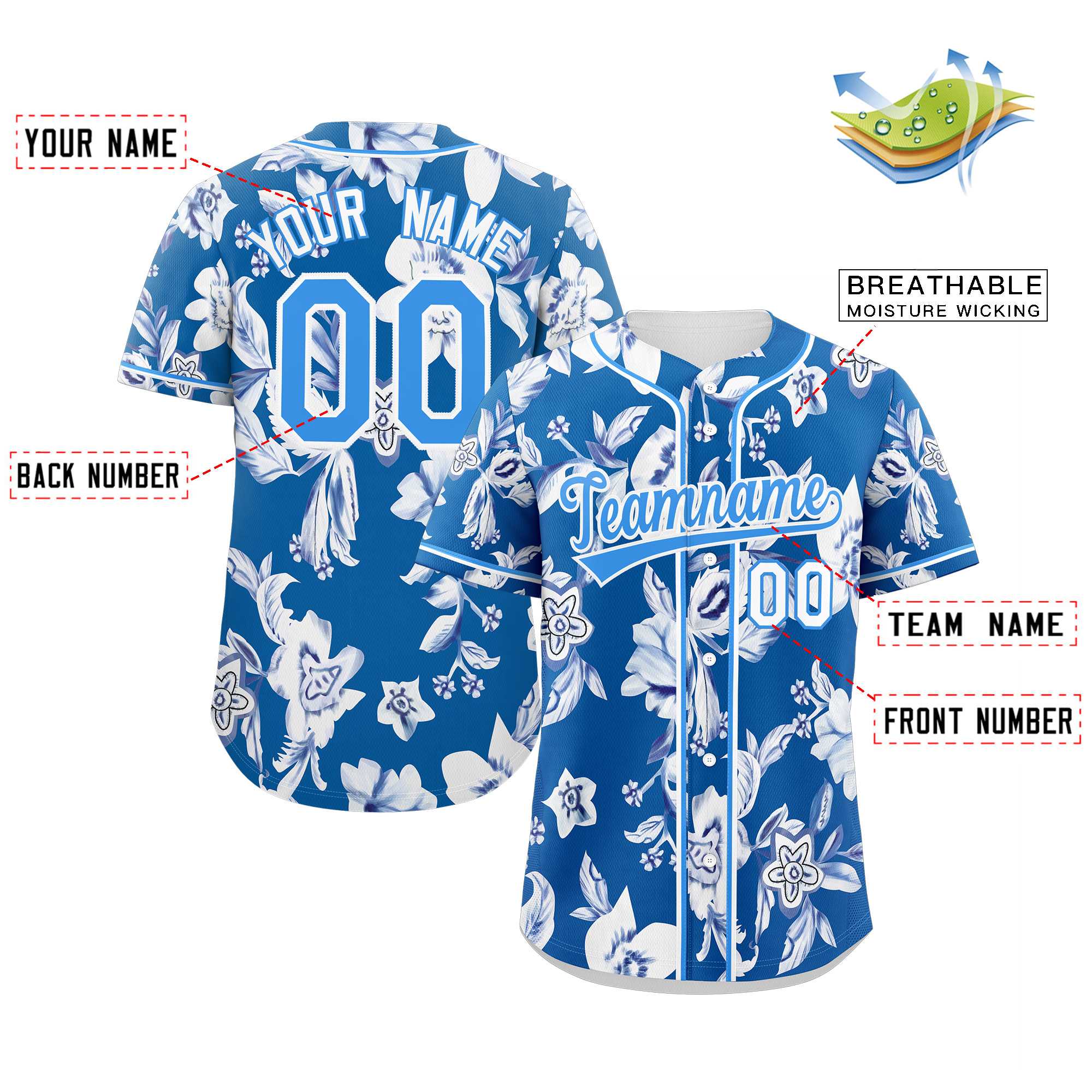 Custom Royal Powder Blue-White Graffiti Pattern Authentic Flower Baseball Jersey - Image 2