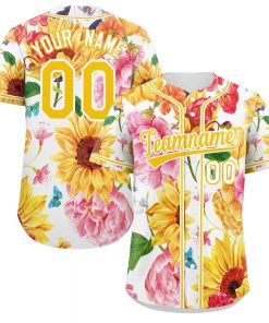 Custom Yellow Gold-White Graffiti Pattern Authentic Flower Baseball Jersey
