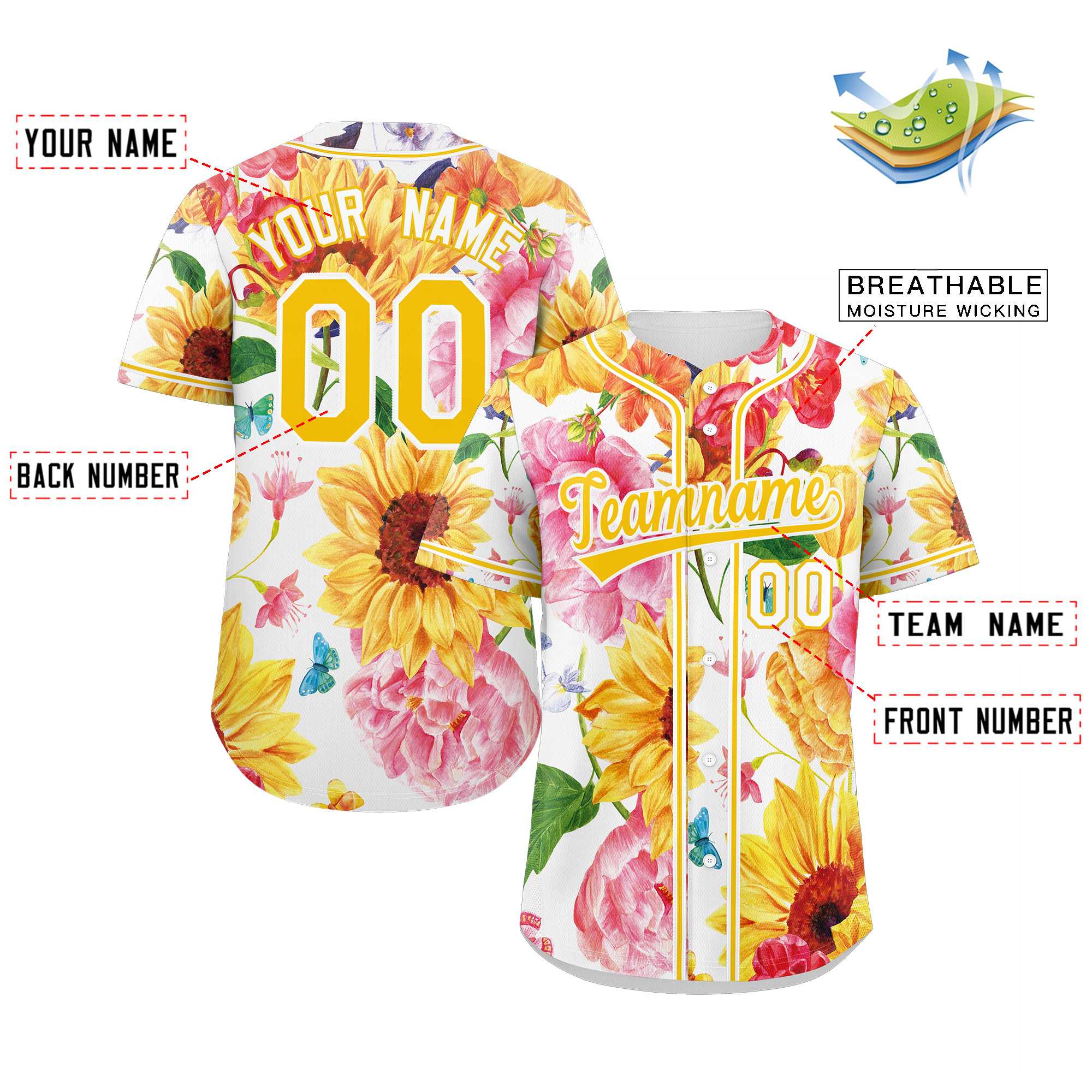 Custom Yellow Gold-White Graffiti Pattern Authentic Flower Baseball Jersey - Image 2