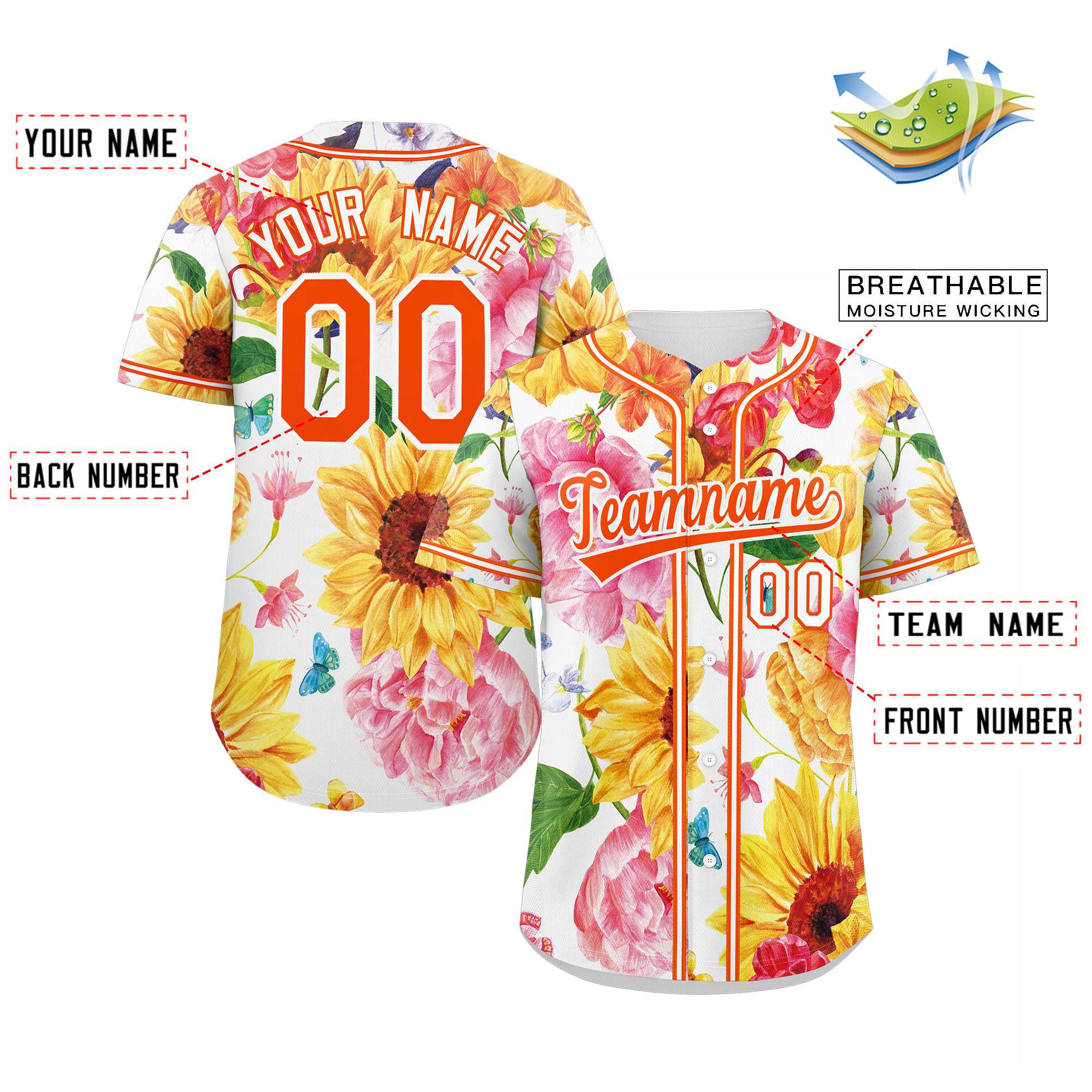 Custom Yellow Orange-White Graffiti Pattern Authentic Flower Baseball Jersey - Image 2