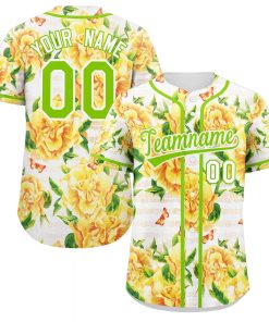 Custom Yellow Neon Green-White Graffiti Pattern Authentic Flower Baseball Jersey