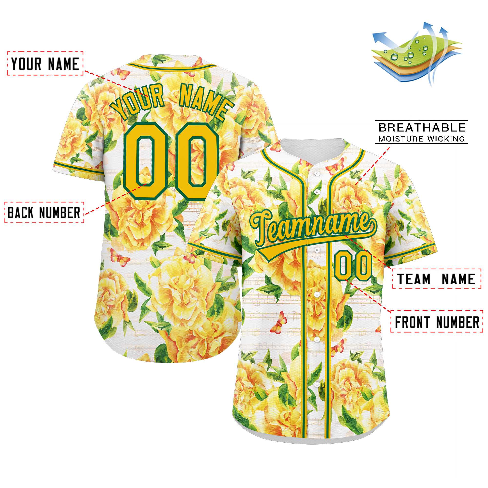 Custom Yellow Gold-Kelly Green Graffiti Pattern Authentic Flower Baseball Jersey - Image 2