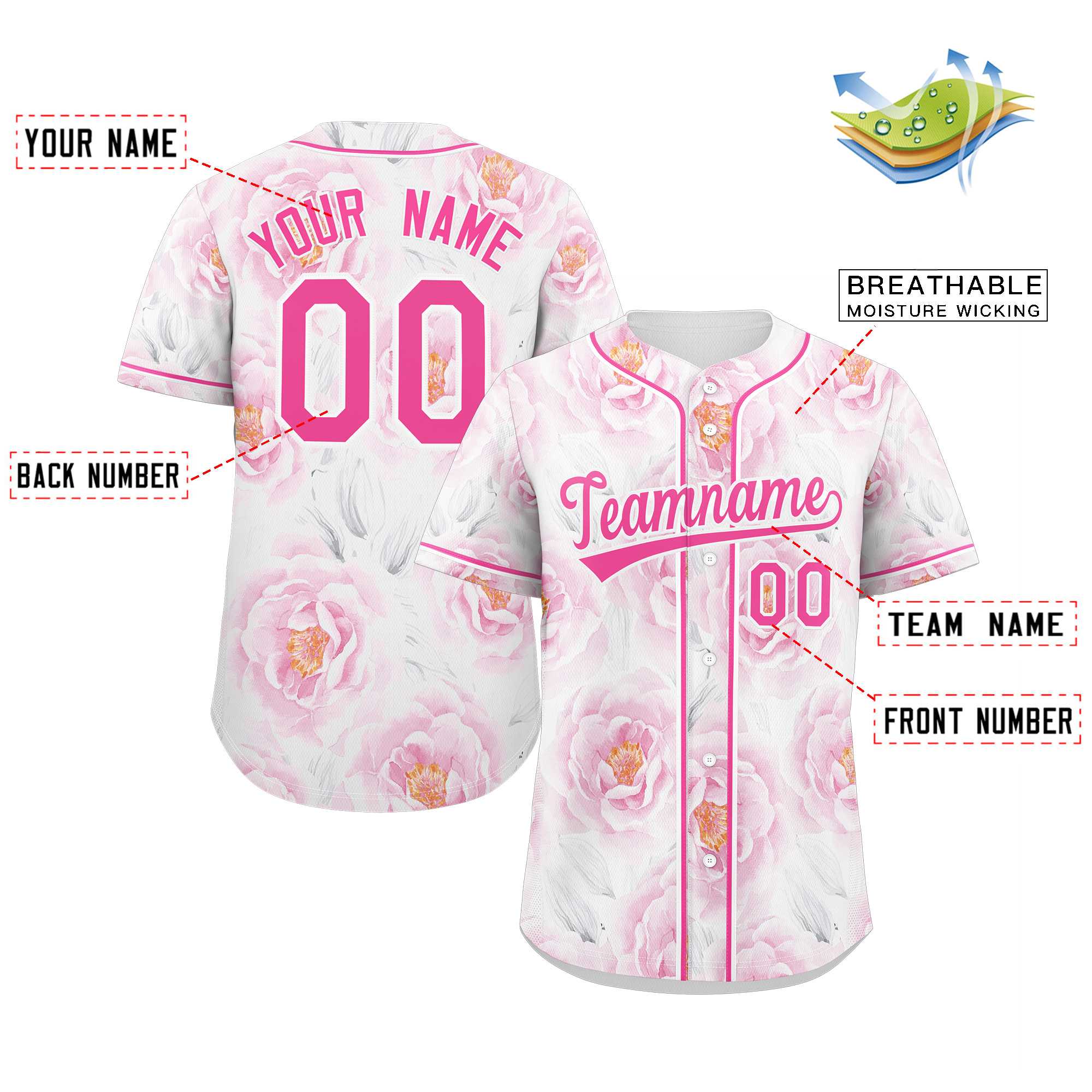 Custom Pink Pink-White Graffiti Pattern Authentic Flower Baseball Jersey - Image 2