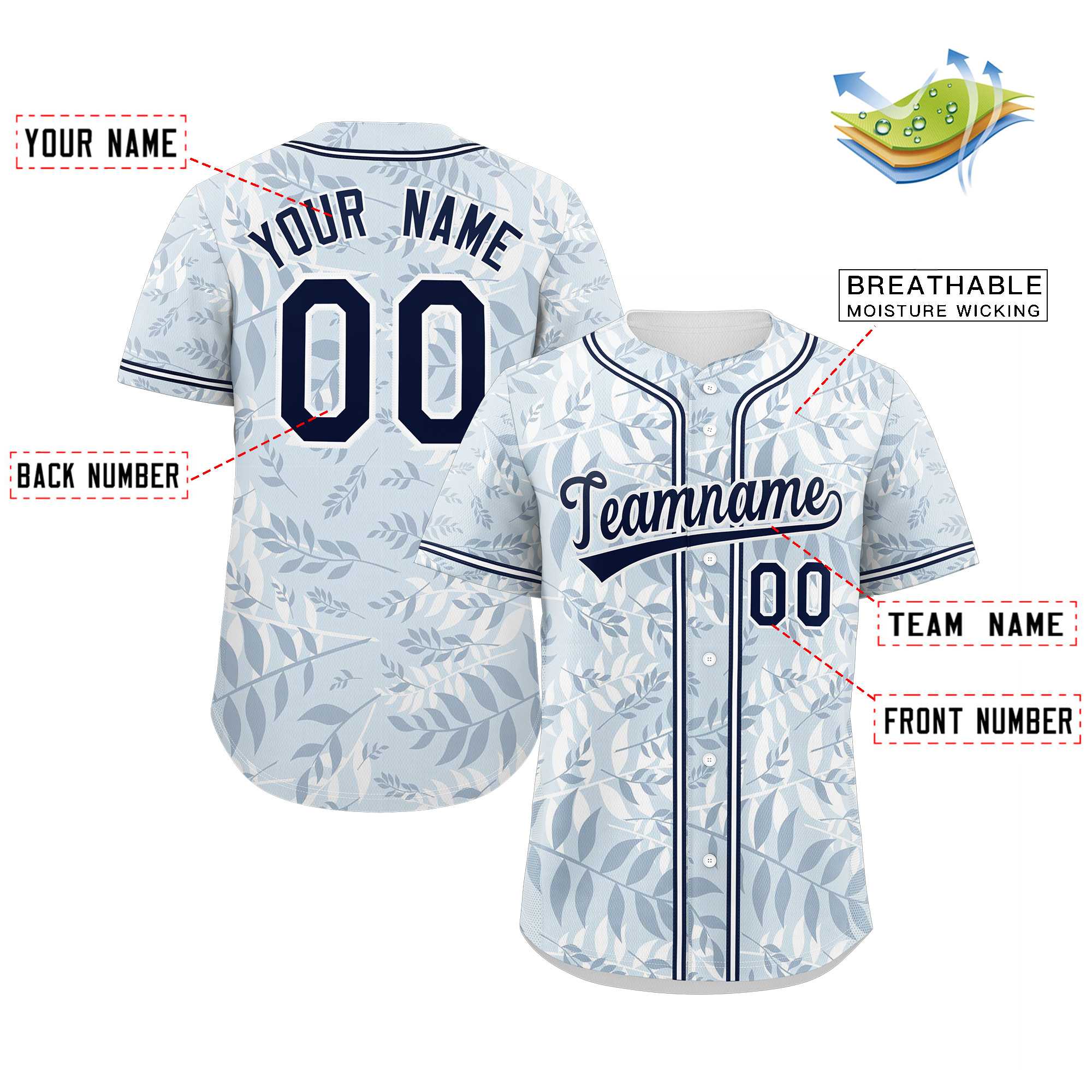 Custom Light Blue Navy-White Graffiti Pattern Authentic Palm Leaf Baseball Jersey - Image 2
