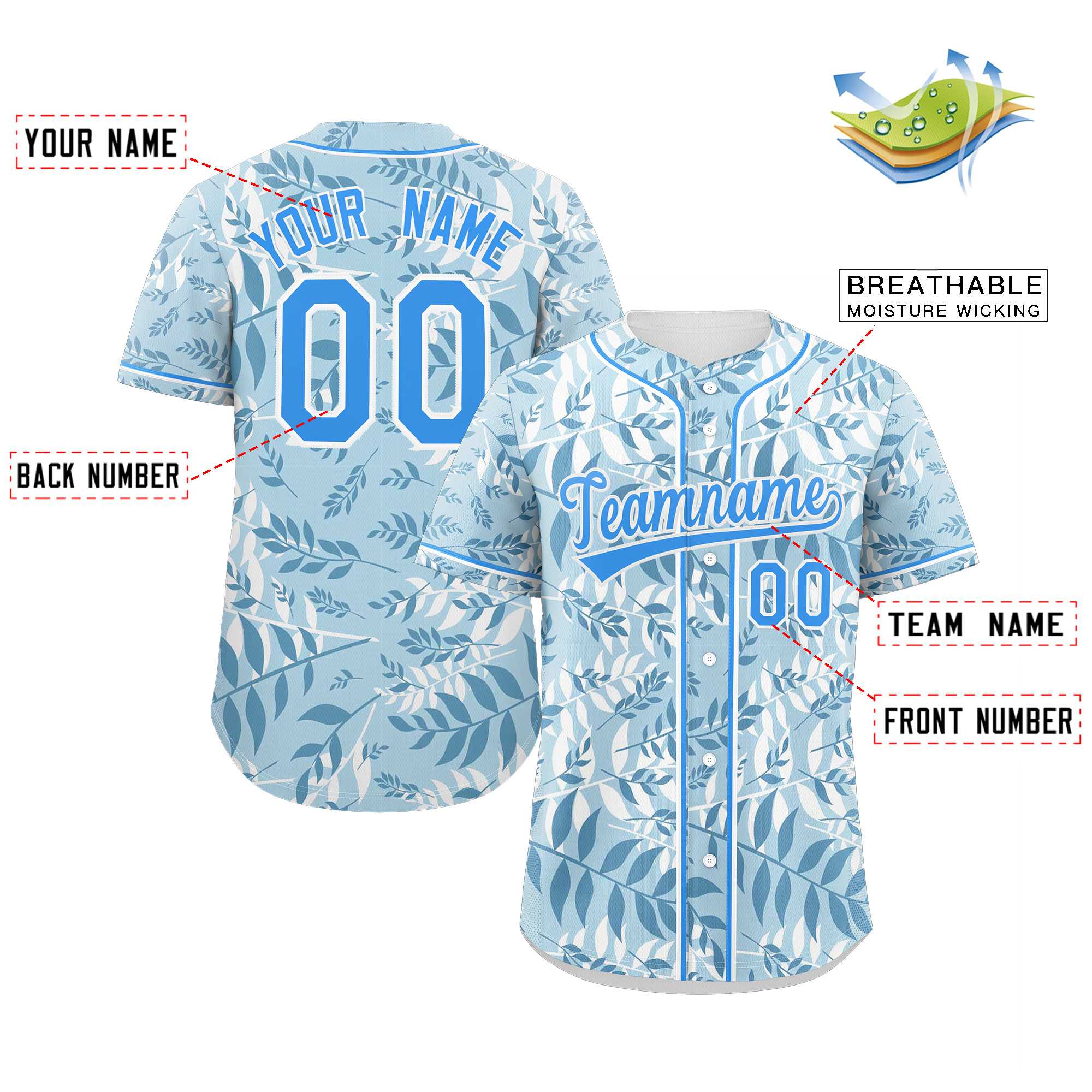 Custom Light Blue Powder Blue-White Graffiti Pattern Authentic Palm Leaf Baseball Jersey - Image 2