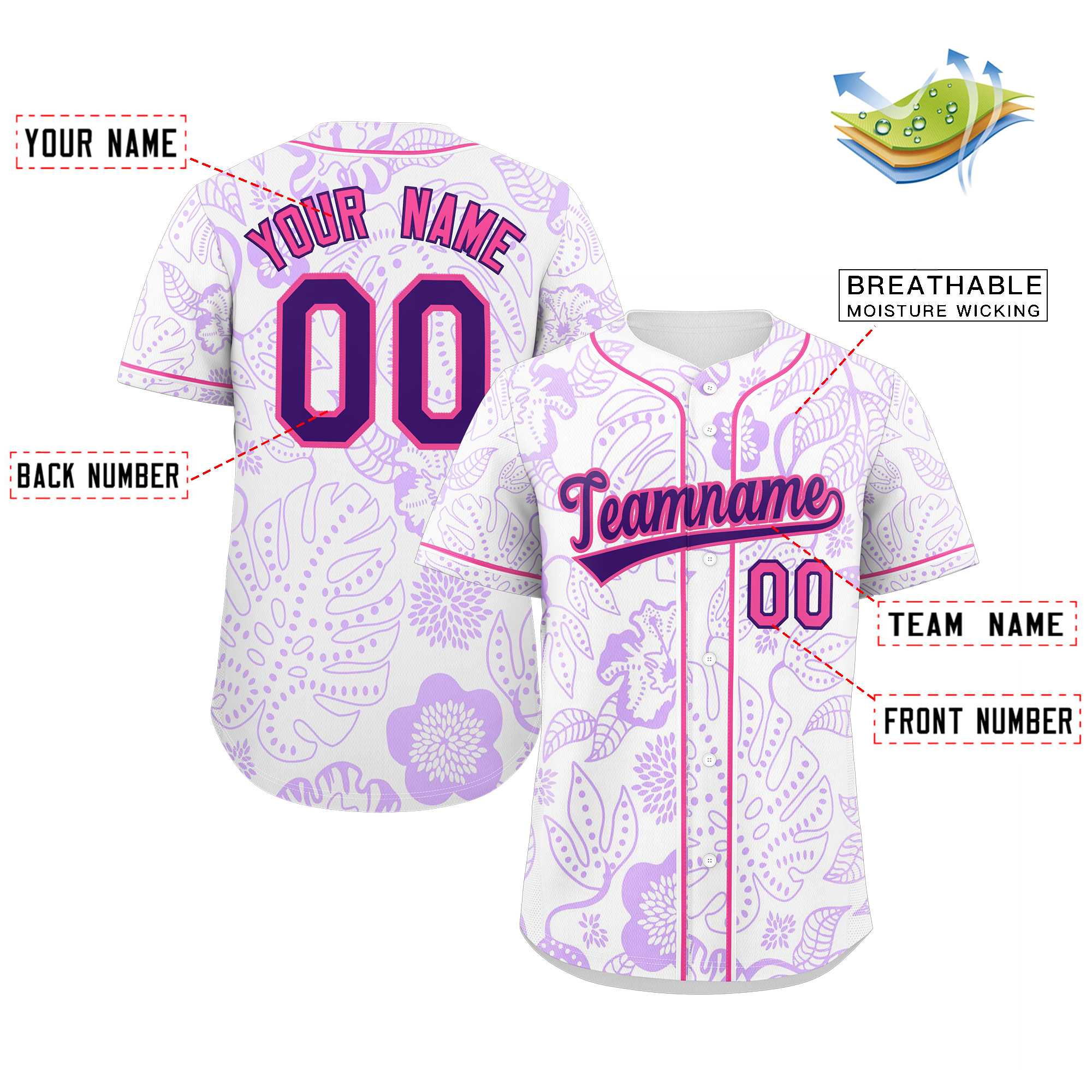 Custom White Purple-Pink Graffiti Pattern Authentic Leaves Baseball Jersey - Image 2