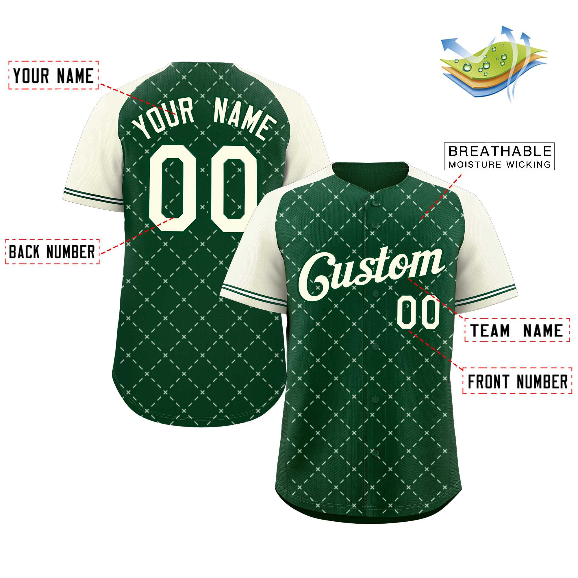 Custom Green Khaki-Green Rhombus Authentic Baseball Jersey - Image 2