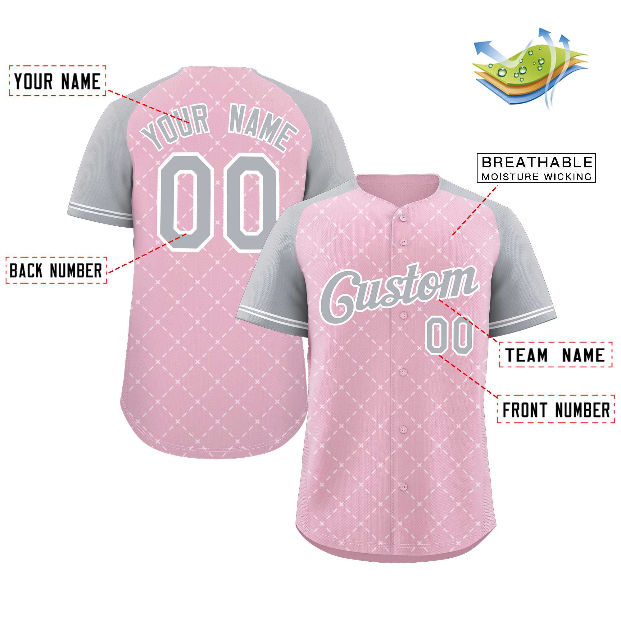 Custom Pink Gray-White Rhombus Authentic Baseball Jersey - Image 2
