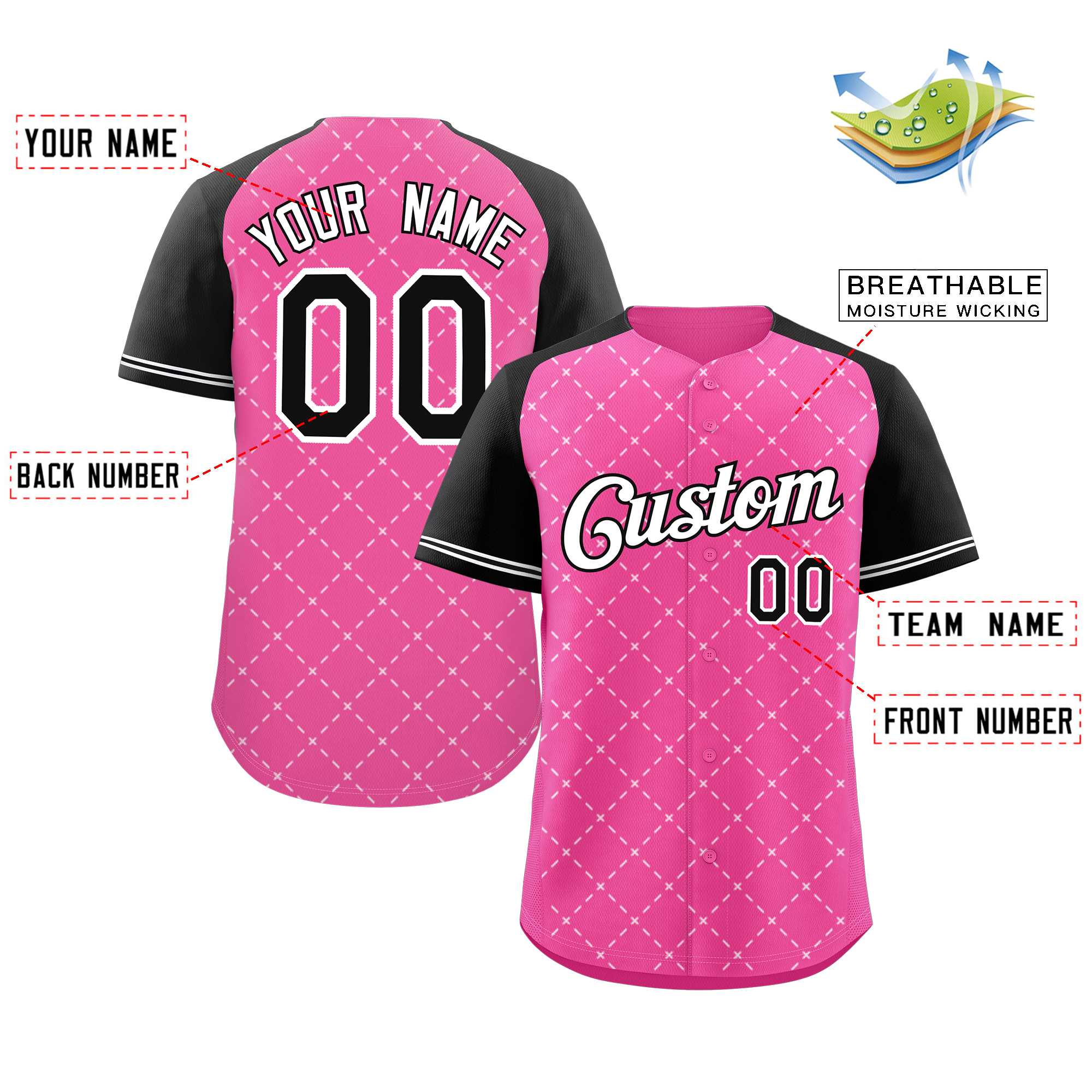 Custom Pink White-Black Rhombus Authentic Baseball Jersey - Image 2