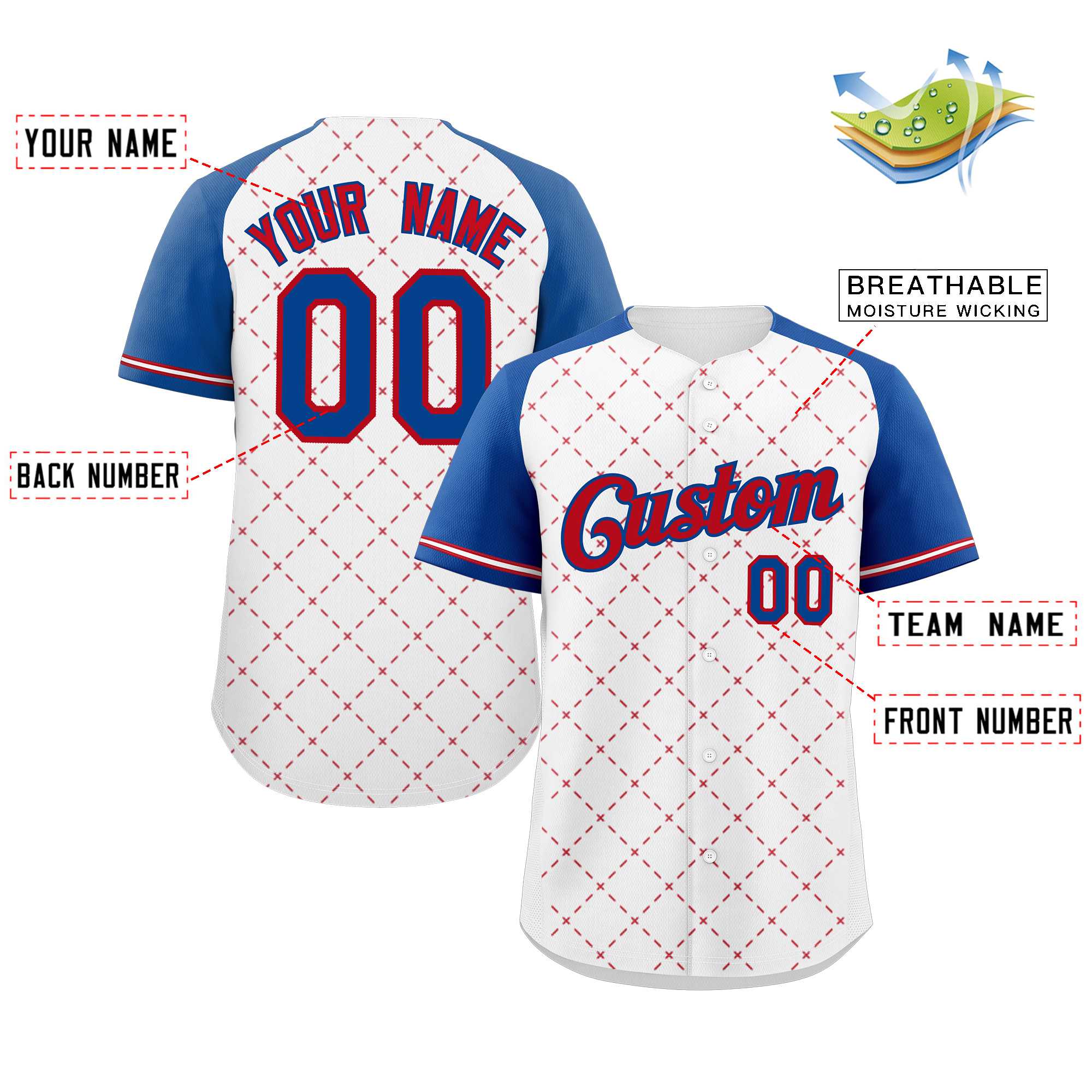 Custom White Red-Royal Rhombus Authentic Baseball Jersey - Image 2