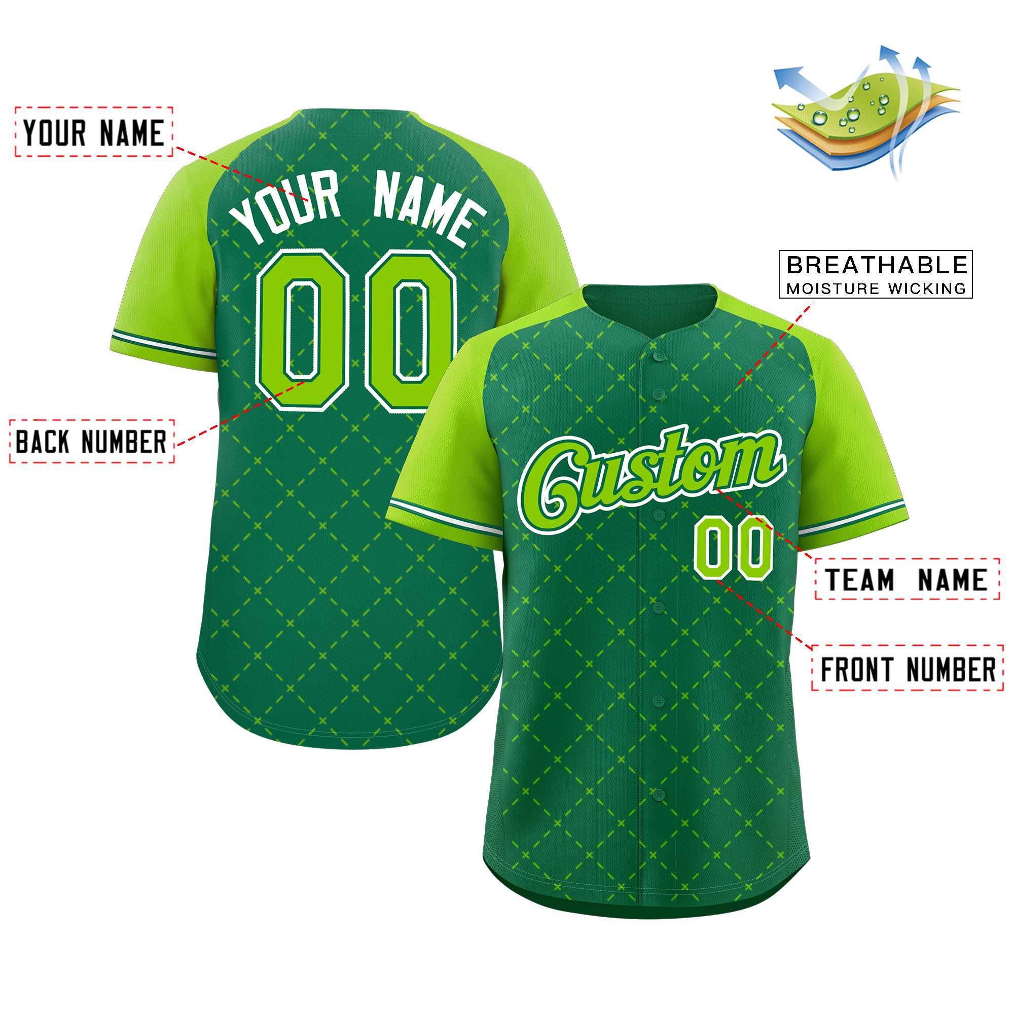 Custom Kelly Green Neon Green Kelly Green-White Rhombus Authentic Baseball Jersey - Image 2