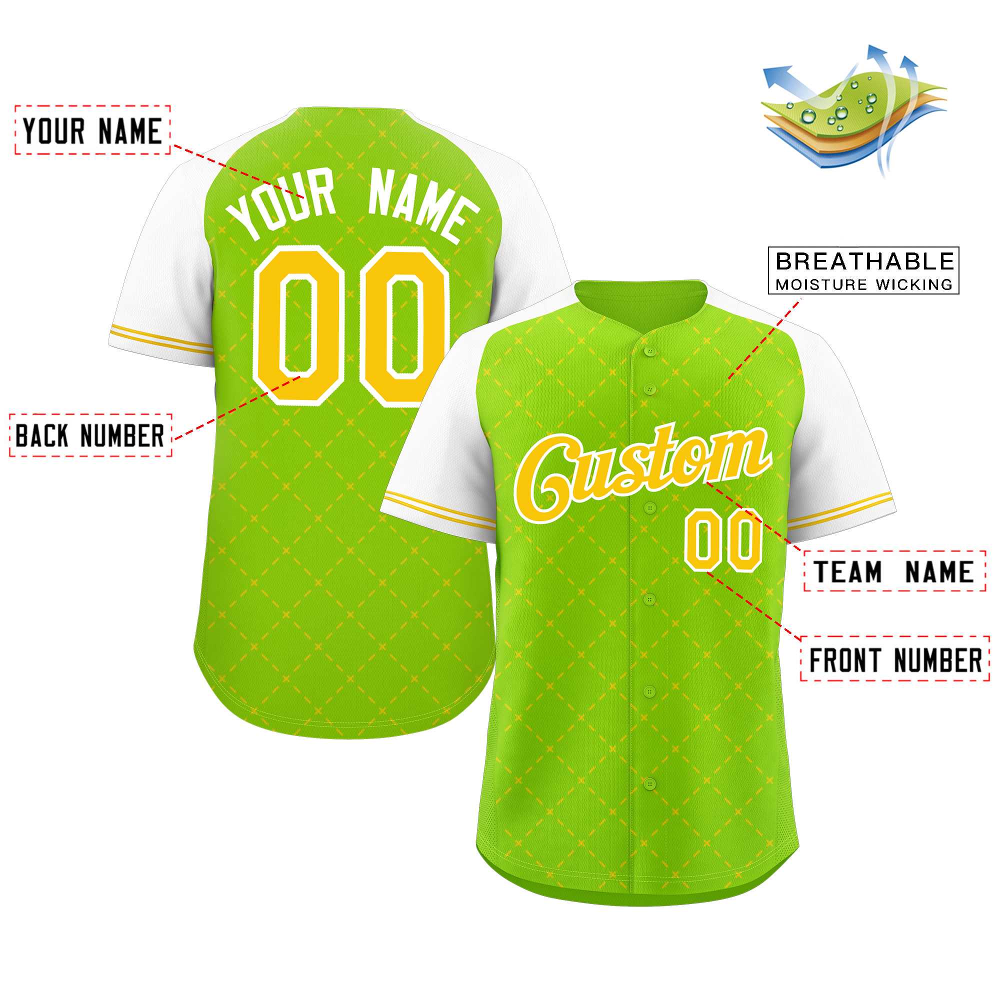 Custom Neon Green Yellow-White Rhombus Authentic Baseball Jersey - Image 2