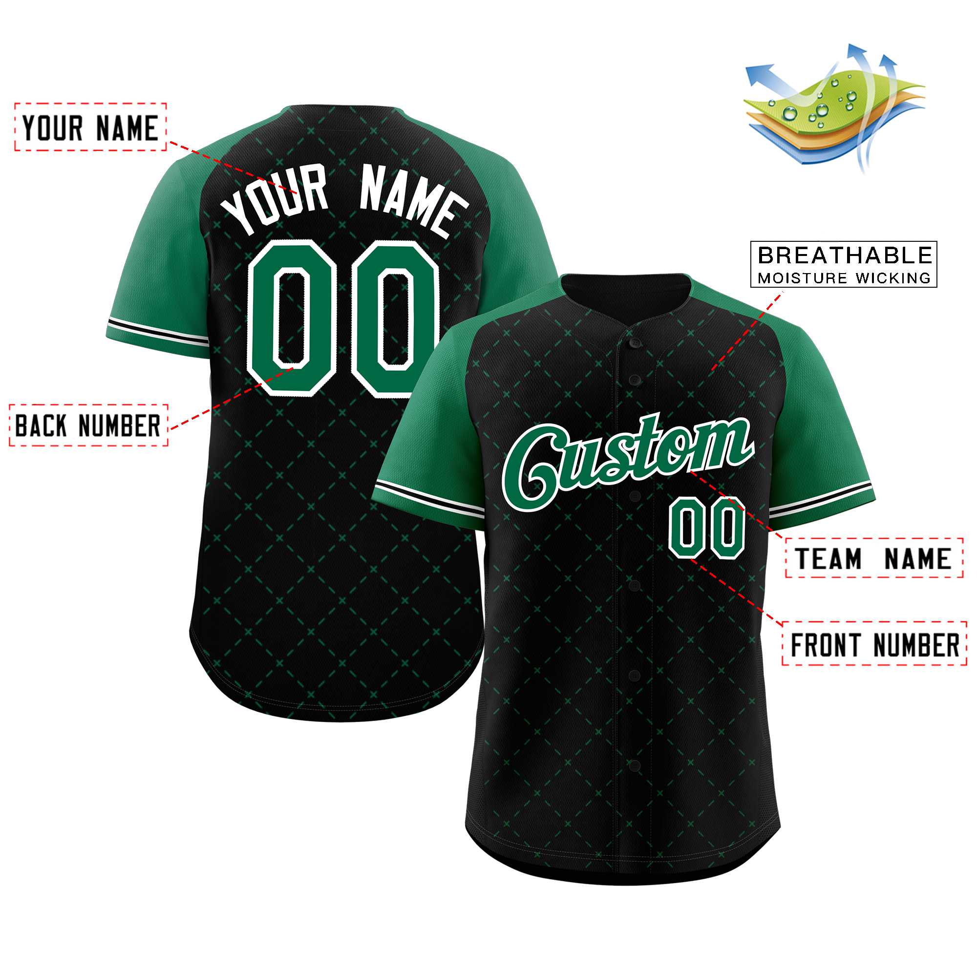Custom Black Kelly Green-White Rhombus Authentic Baseball Jersey - Image 2