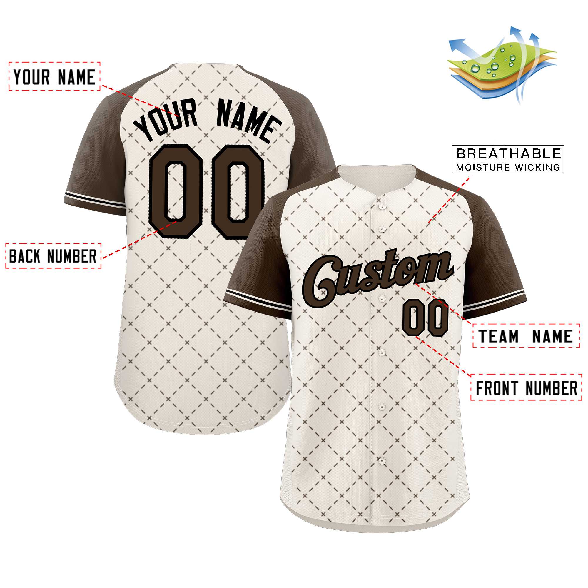 Custom Cream Brown-Black Rhombus Authentic Baseball Jersey - Image 2