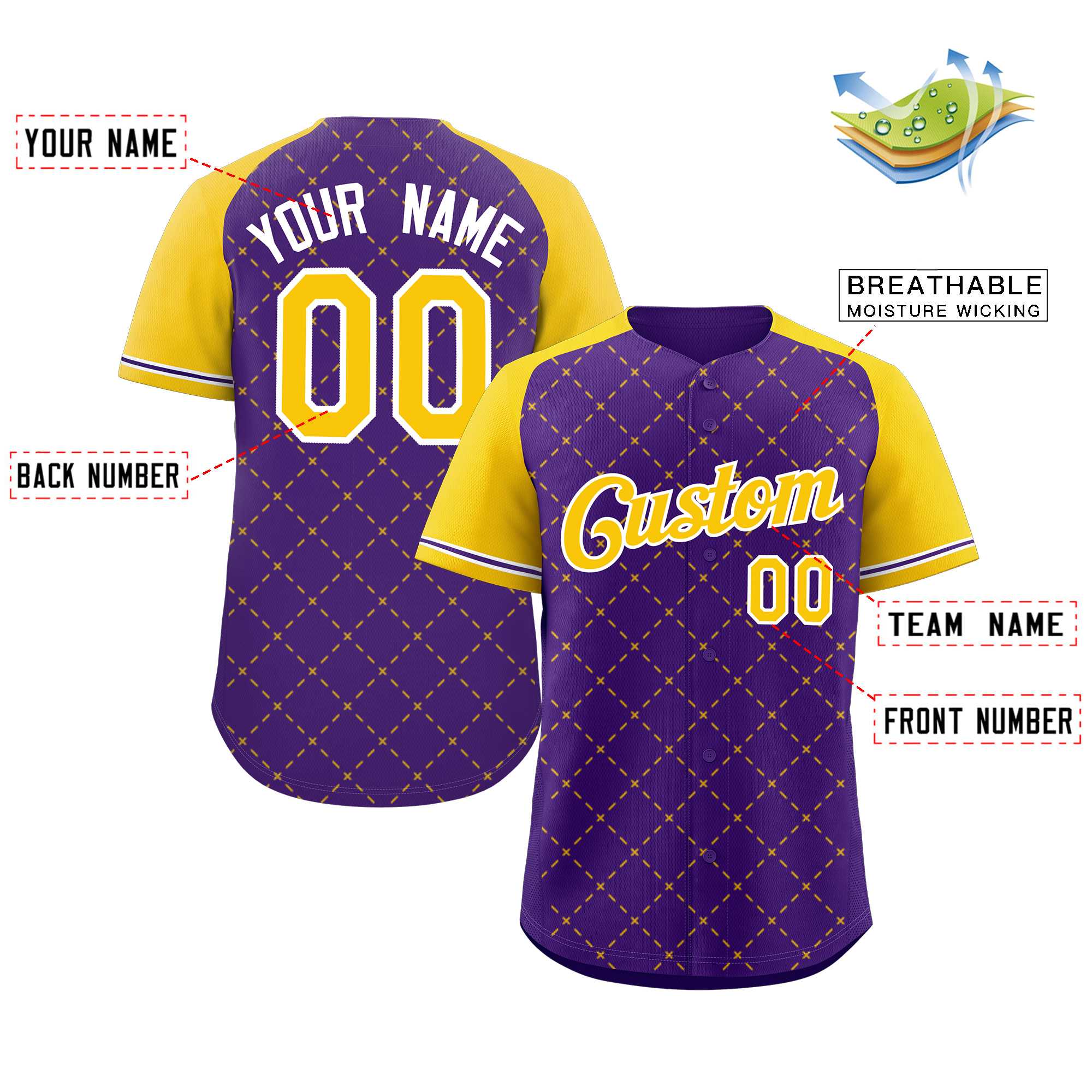 Custom Purple Gold-White Rhombus Authentic Baseball Jersey - Image 2