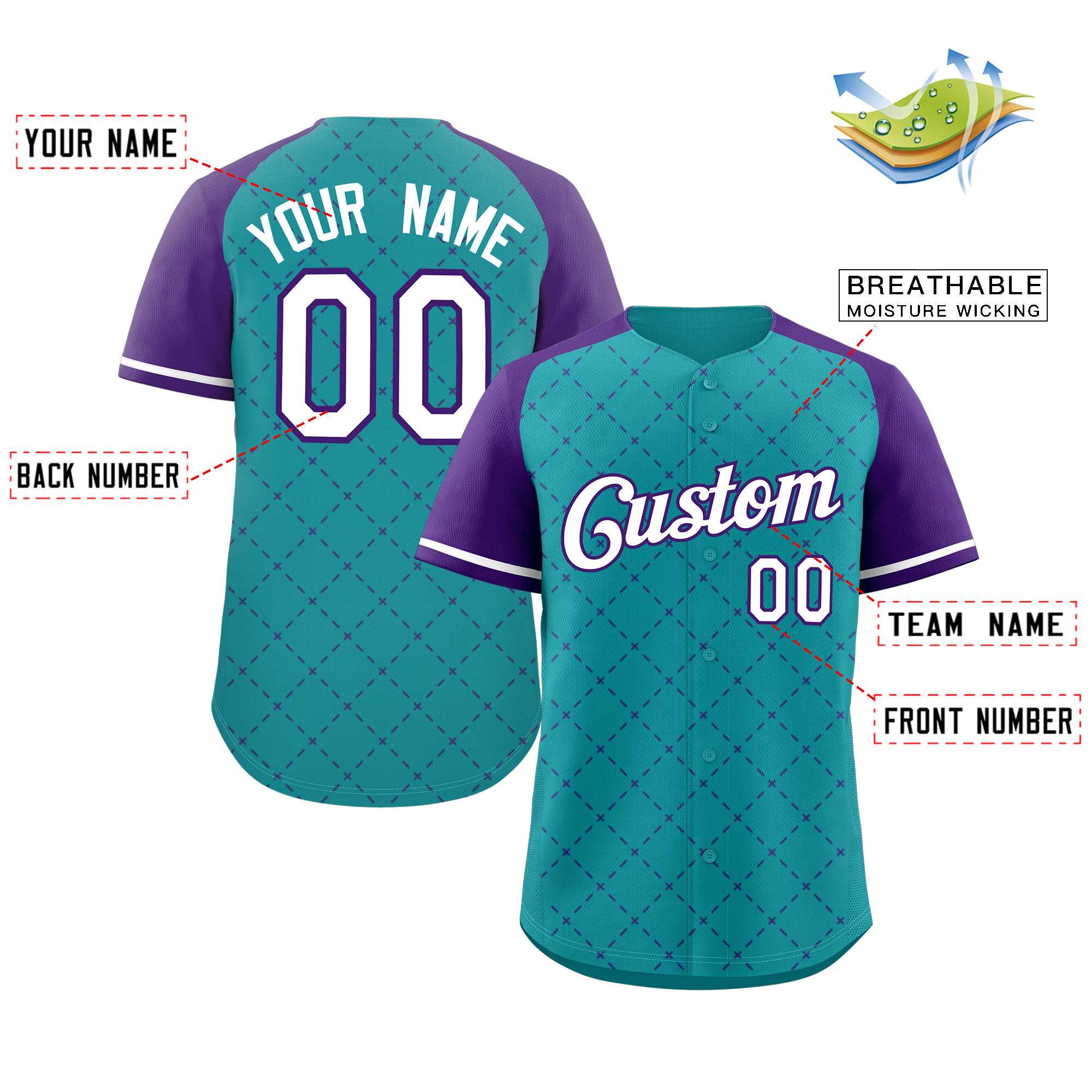 Custom Teal White-Purple Rhombus Authentic Baseball Jersey - Image 2