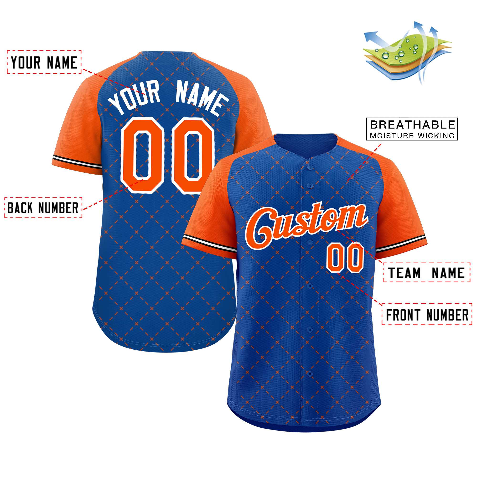 Custom Royal Orange-White Rhombus Authentic Baseball Jersey - Image 2