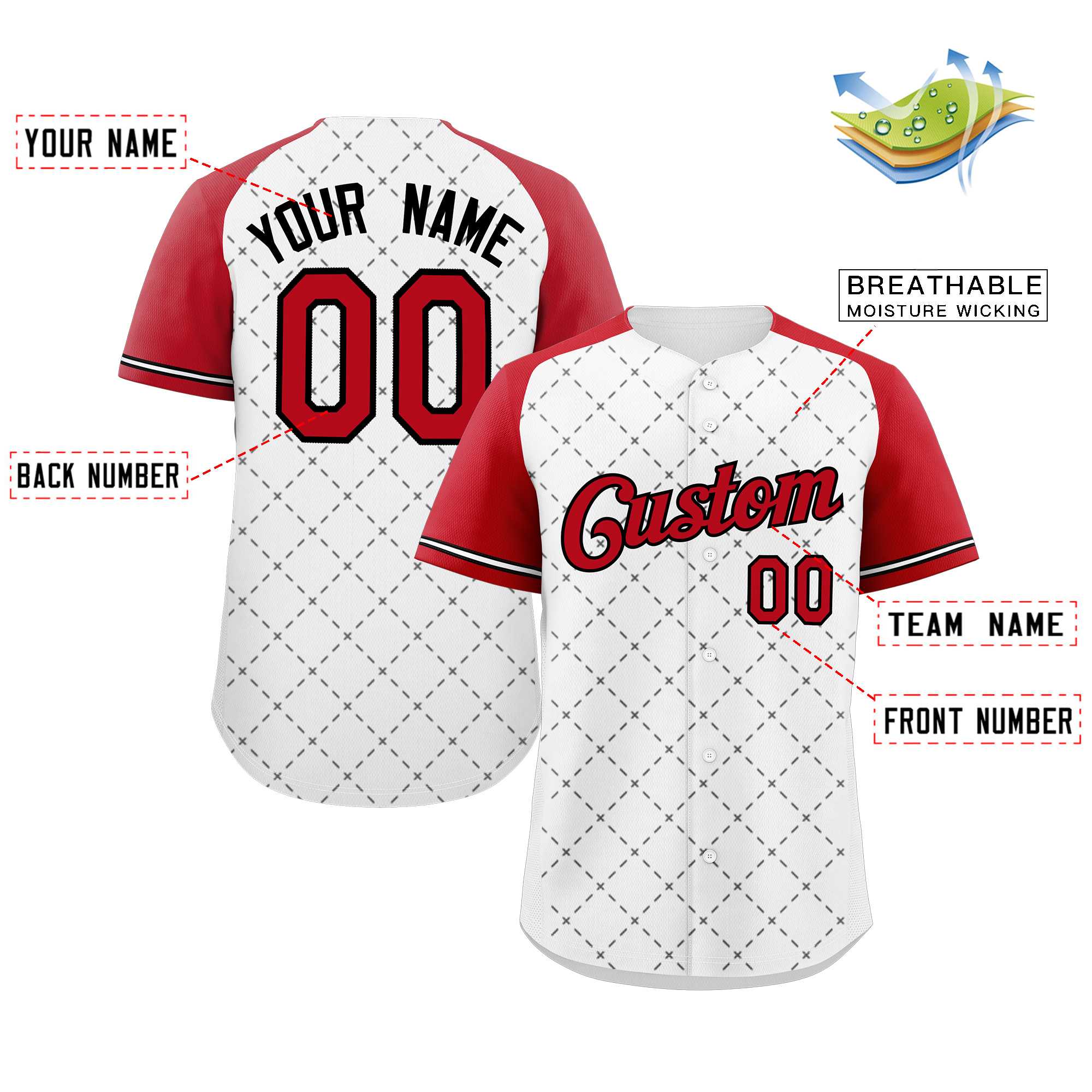 Custom White Red-Black Rhombus Authentic Baseball Jersey - Image 2