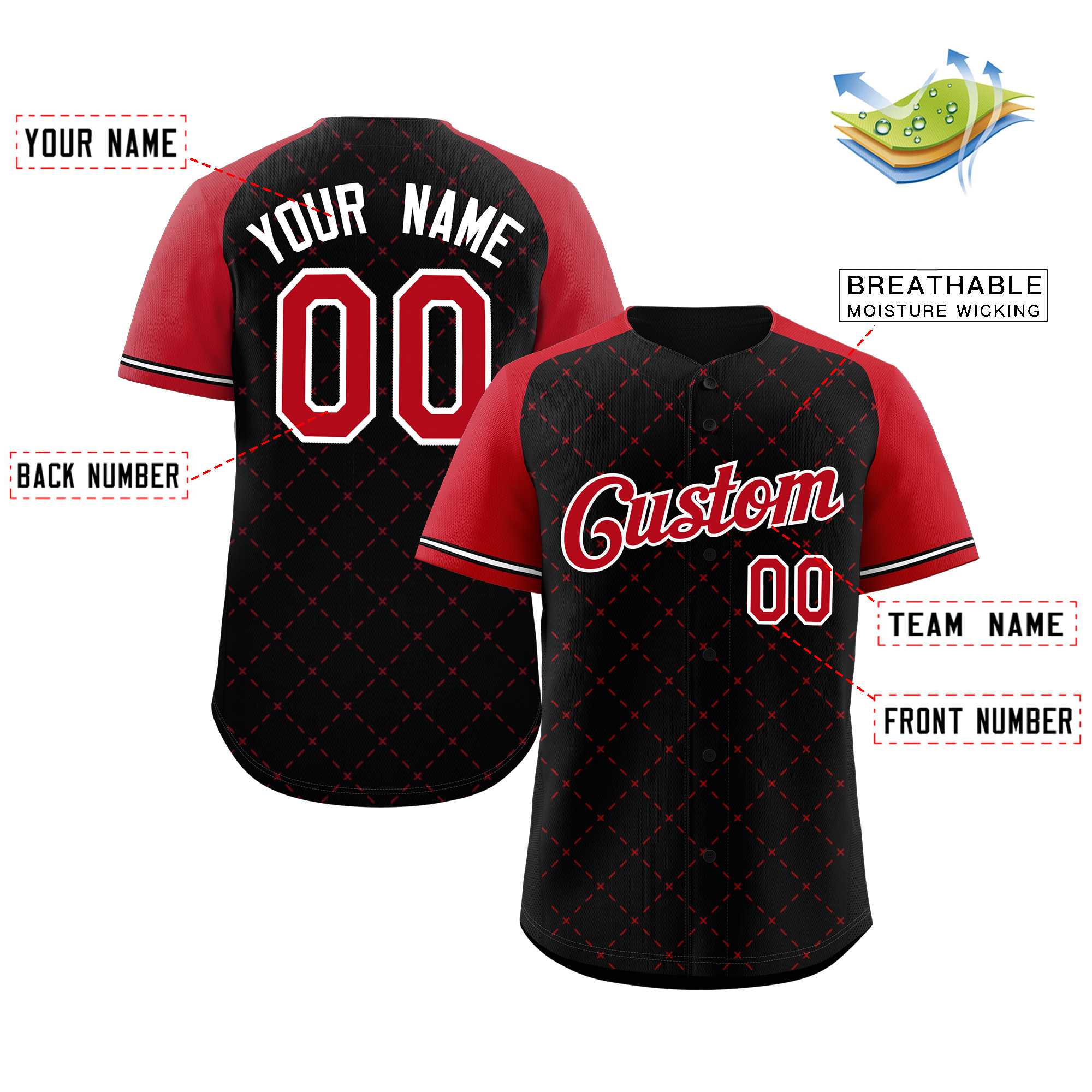 Custom Black Red-White Rhombus Authentic Baseball Jersey - Image 2