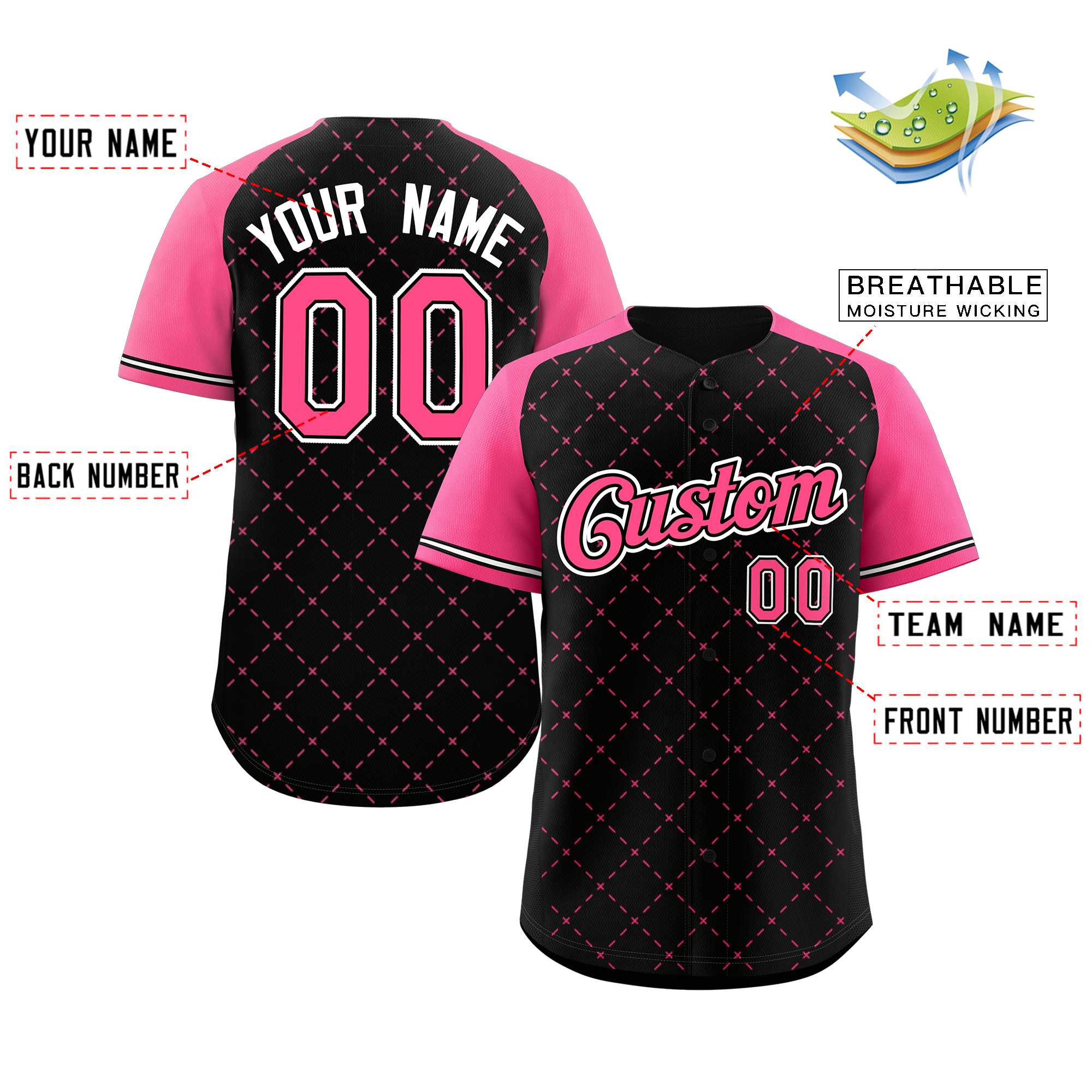 Custom Black Pink Black-White Rhombus Authentic Baseball Jersey - Image 2