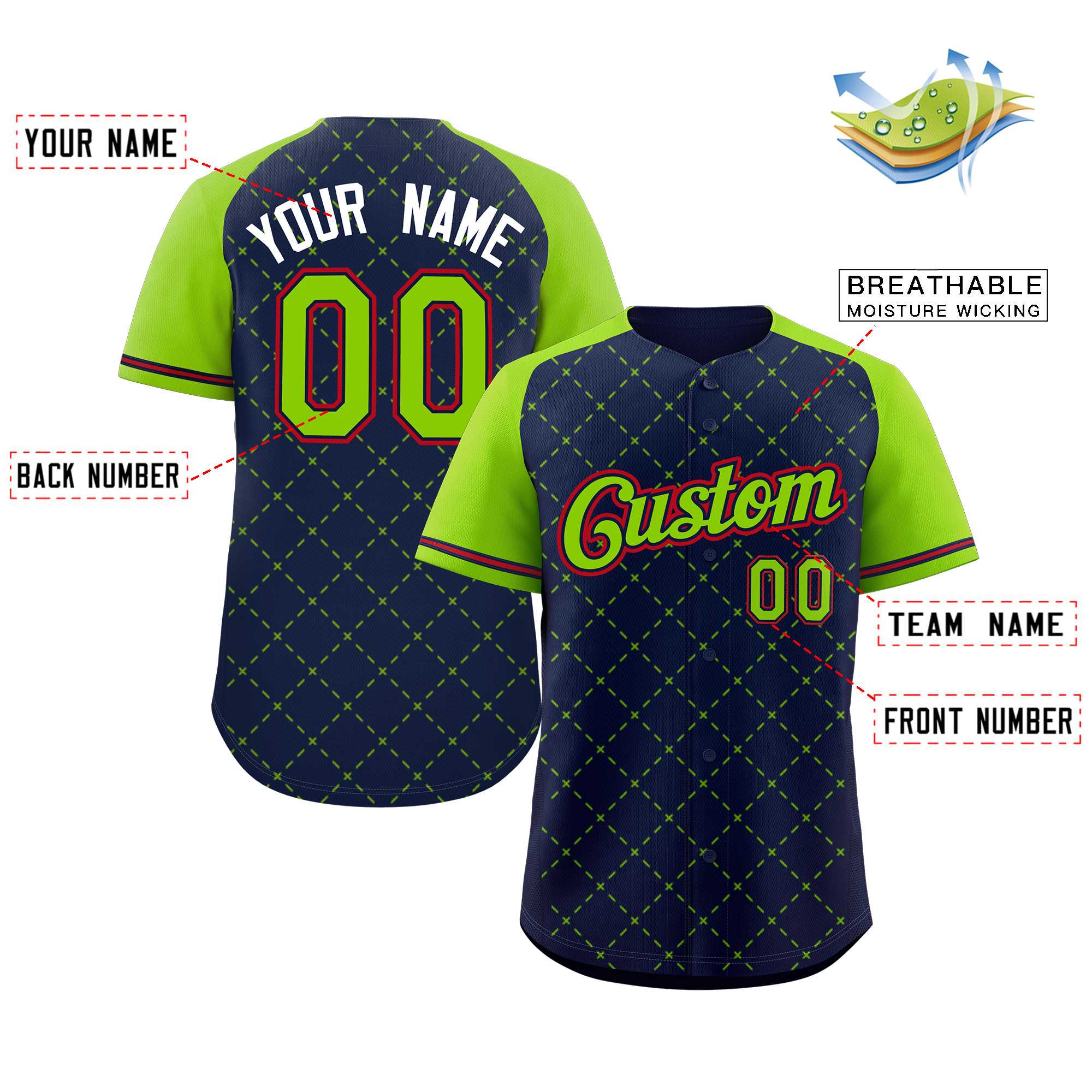 Custom Navy Neon Green Navy-Red Rhombus Authentic Baseball Jersey - Image 2