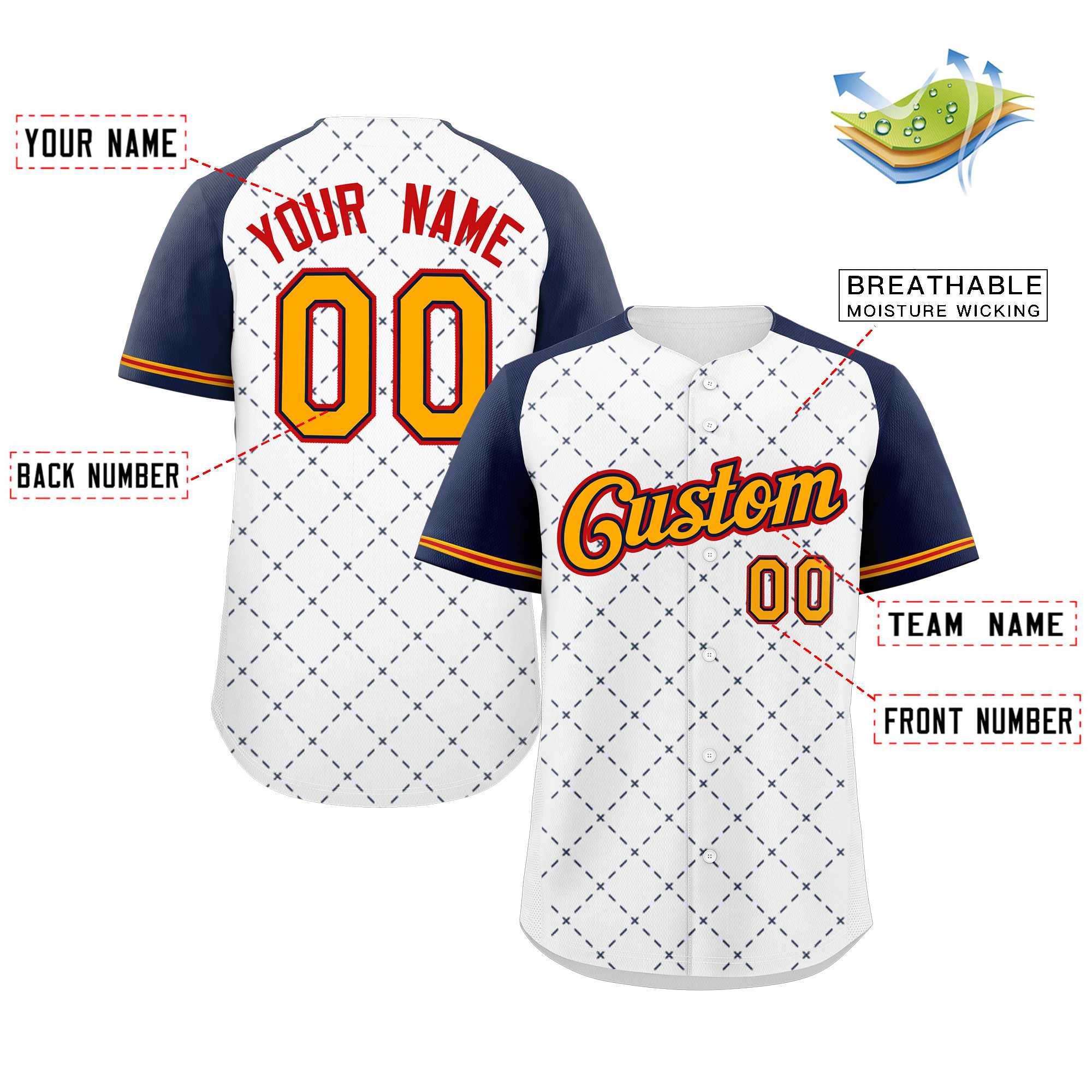 Custom White Yellow Navy-Red Rhombus Authentic Baseball Jersey - Image 2