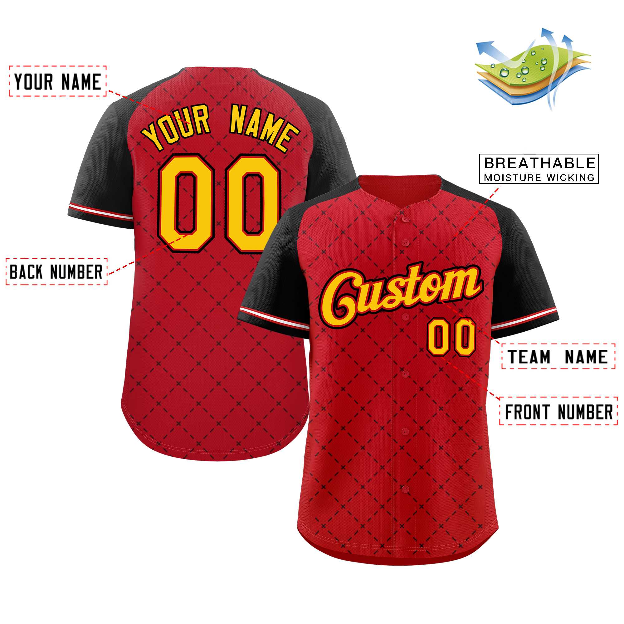 Custom Red Gold Red-Black Rhombus Authentic Baseball Jersey - Image 2