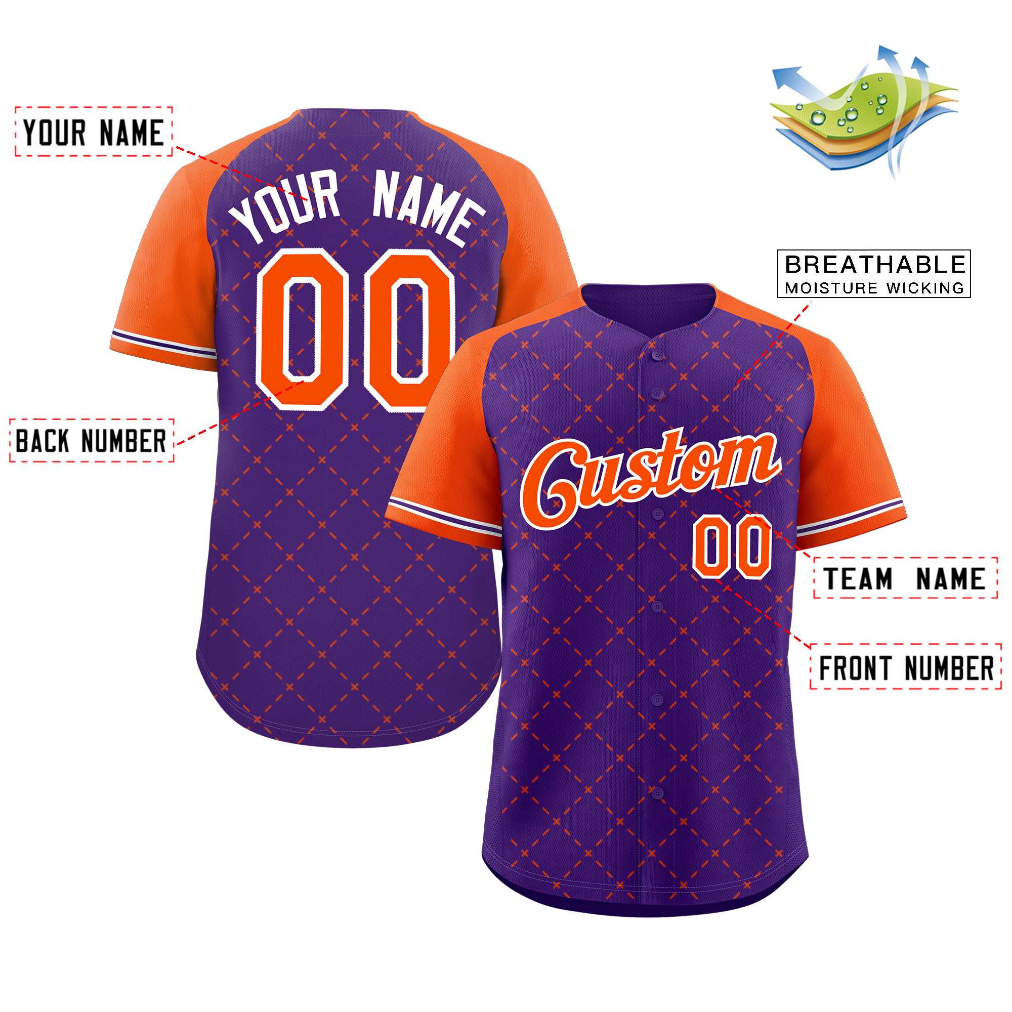 Custom Purple Orange-White Rhombus Authentic Baseball Jersey - Image 2