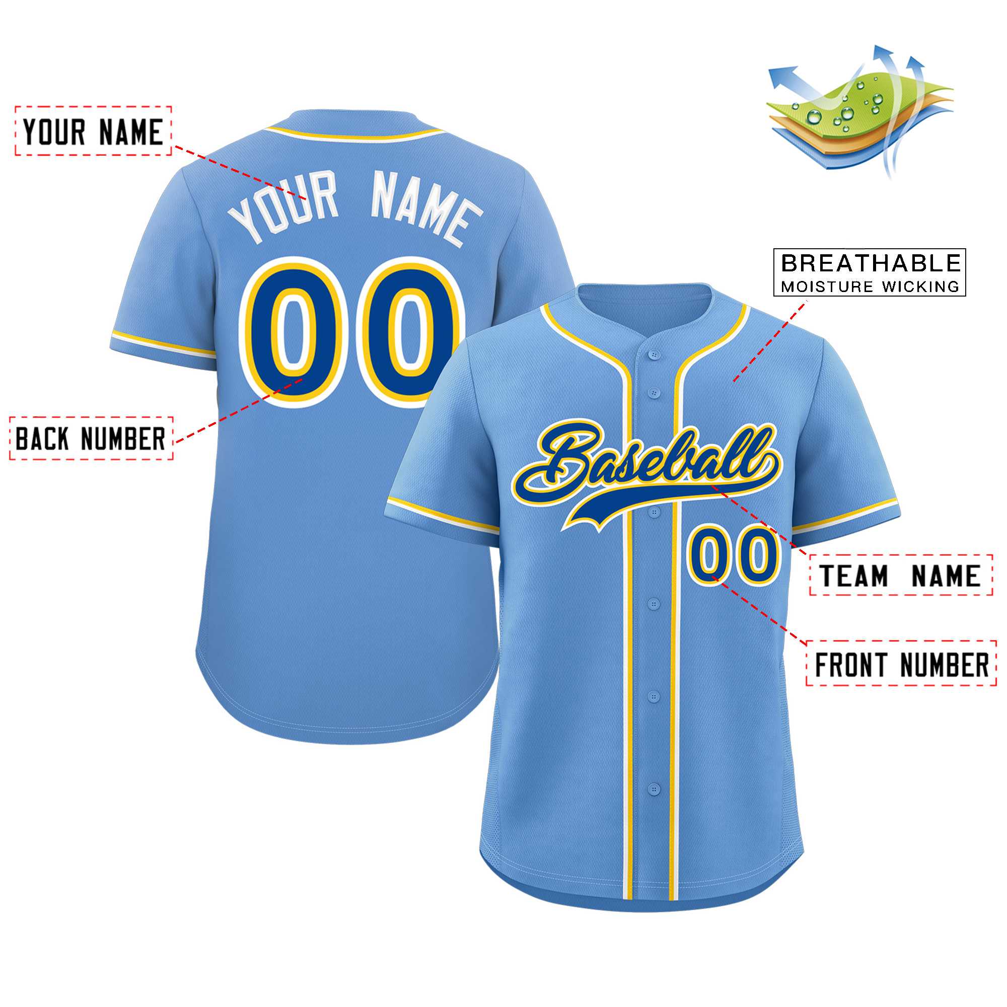 Custom Light Blue Royal-Yellow Classic Style Authentic Baseball Jersey - Image 2