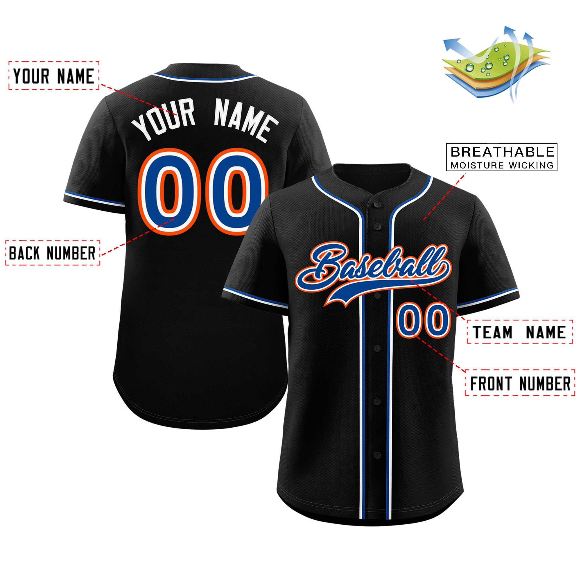 Custom Black Royal-White Classic Style Authentic Baseball Jersey - Image 2