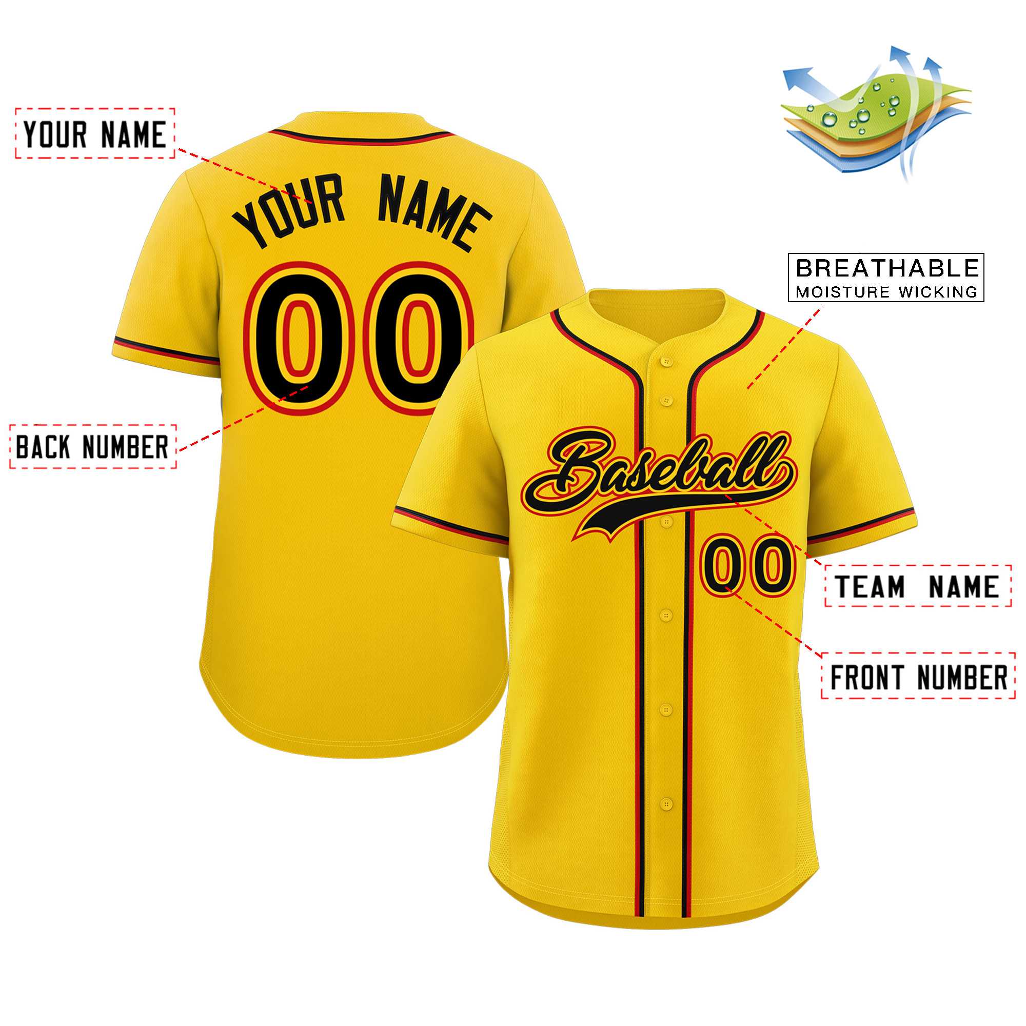 Custom Yellow Black-Red Classic Style Authentic Baseball Jersey - Image 2