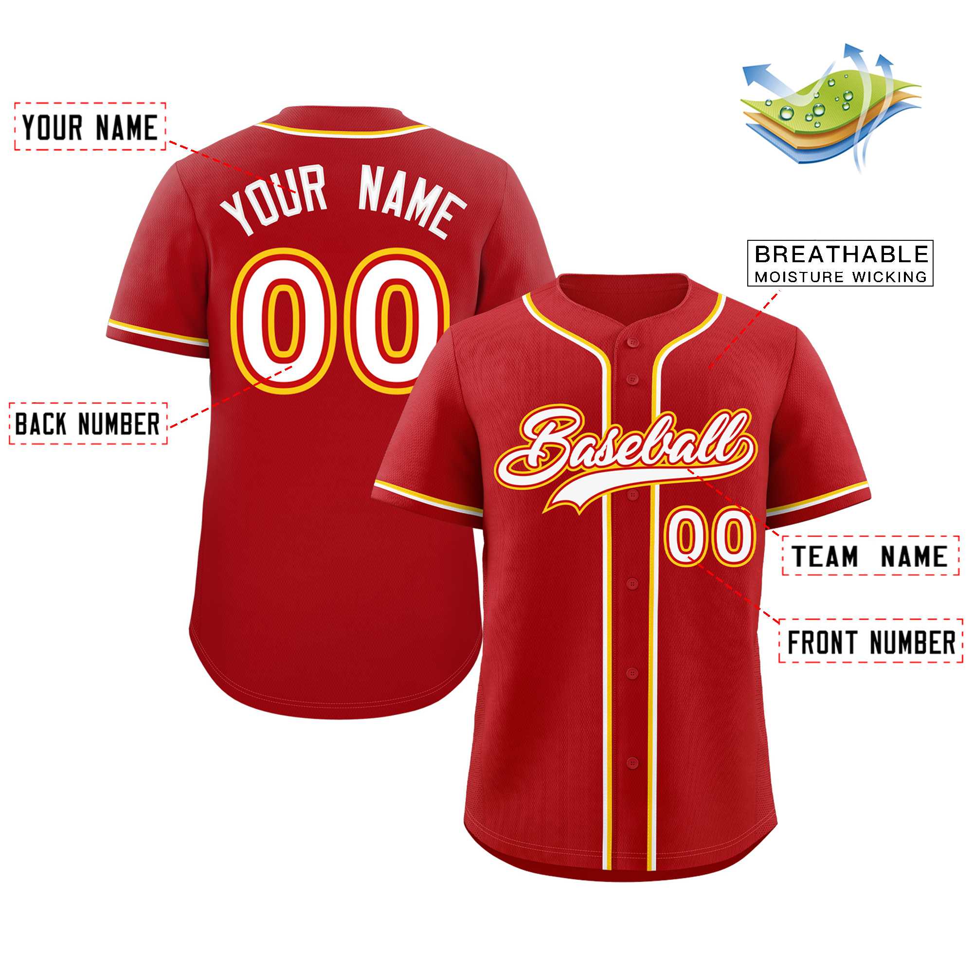 Custom Red White-Gold Classic Style Authentic Baseball Jersey - Image 2
